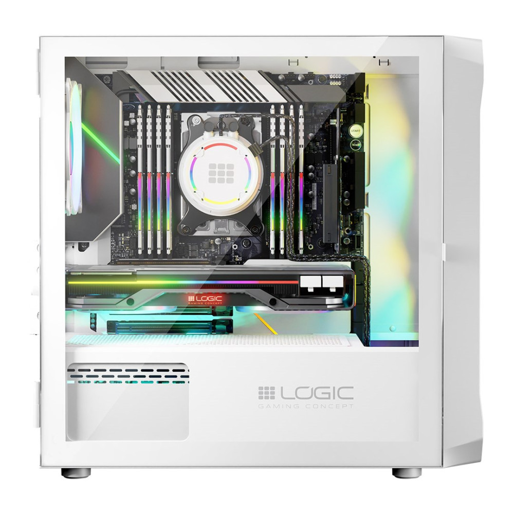Biała obudowa komputera do gier z szklanym bokiem, podświetlanym sprzętem RGB, kartą graficzną i logo Logic.