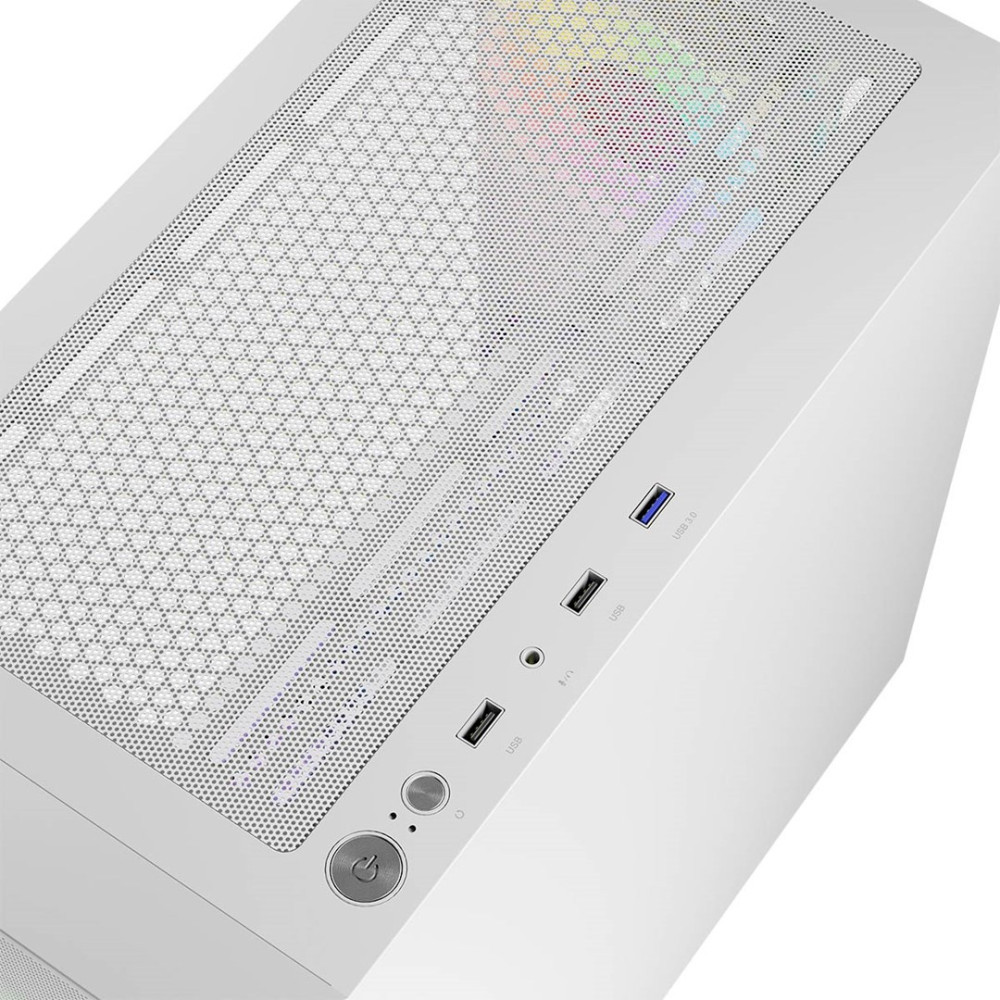 Górny panel białej obudowy komputera pokazuje przycisk zasilania, porty USB oraz siatkę z subtelnym oświetleniem RGB.