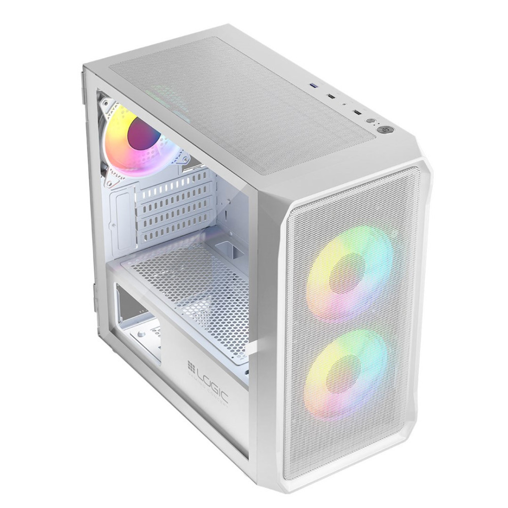 Biala obudowa komputera do gier z szklanym panelem bocznym i kolorowymi wentylatorami RGB.