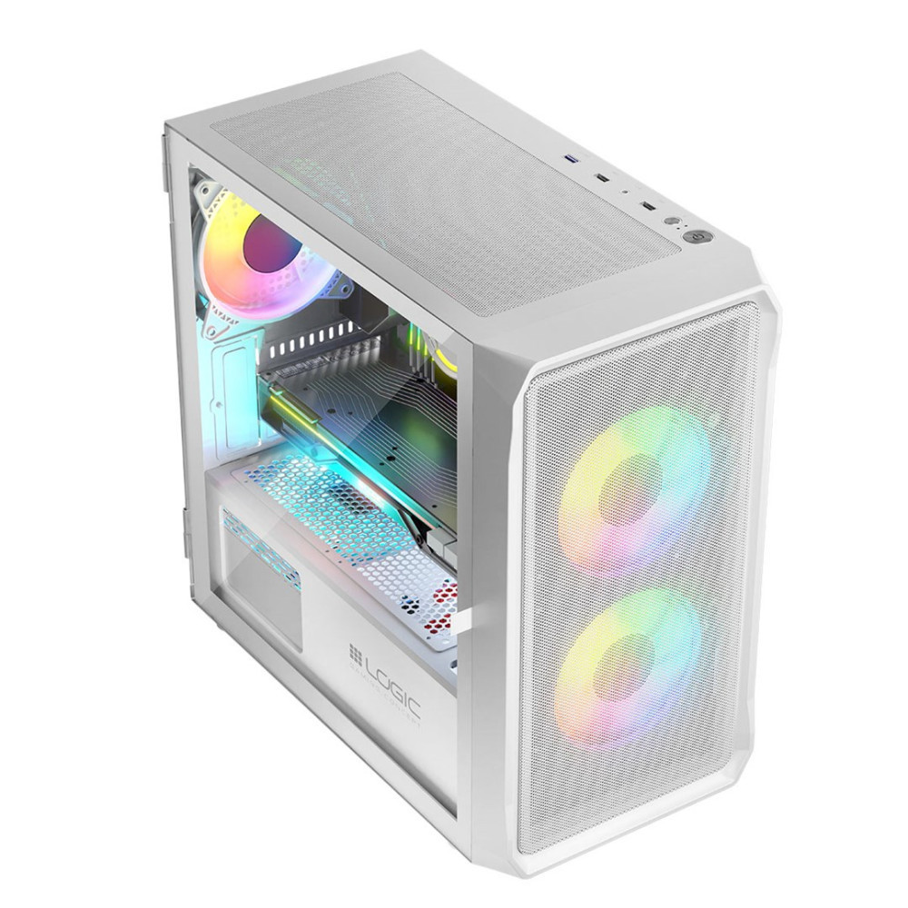 Biała obudowa komputera do gier z wentylatorami RGB i przezroczystym panelem bocznym.