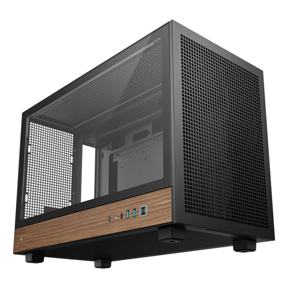 Case per PC nero con inserto in legno in basso, lato in vetro e frontale in rete.