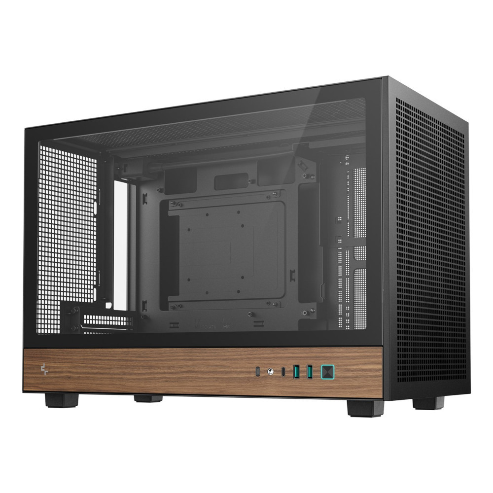 Un case per PC nero con pannello laterale in vetro e base frontale in legno con porte USB e pulsante di accensione.