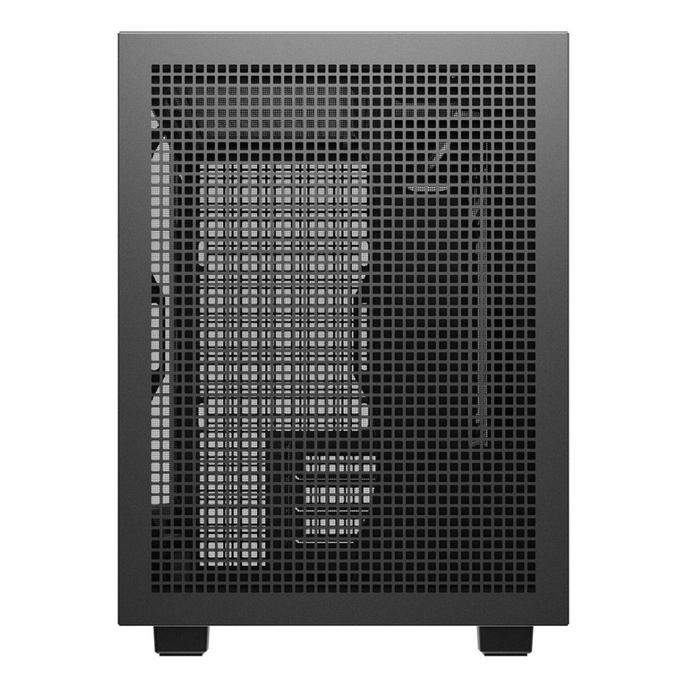 Vista frontale di un case per computer nero con una fitta trama a griglia.