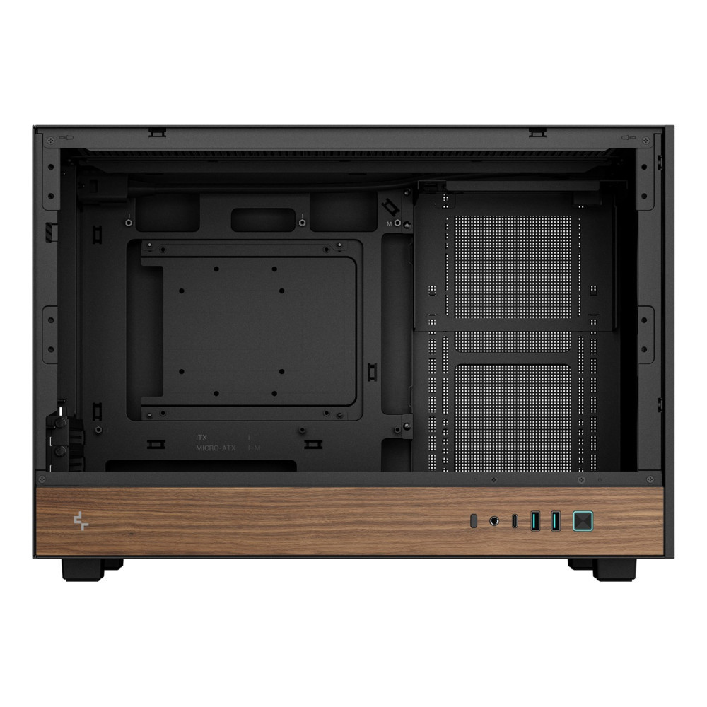 Un case per computer nero con pannello effetto legno in basso e porte anteriori.
