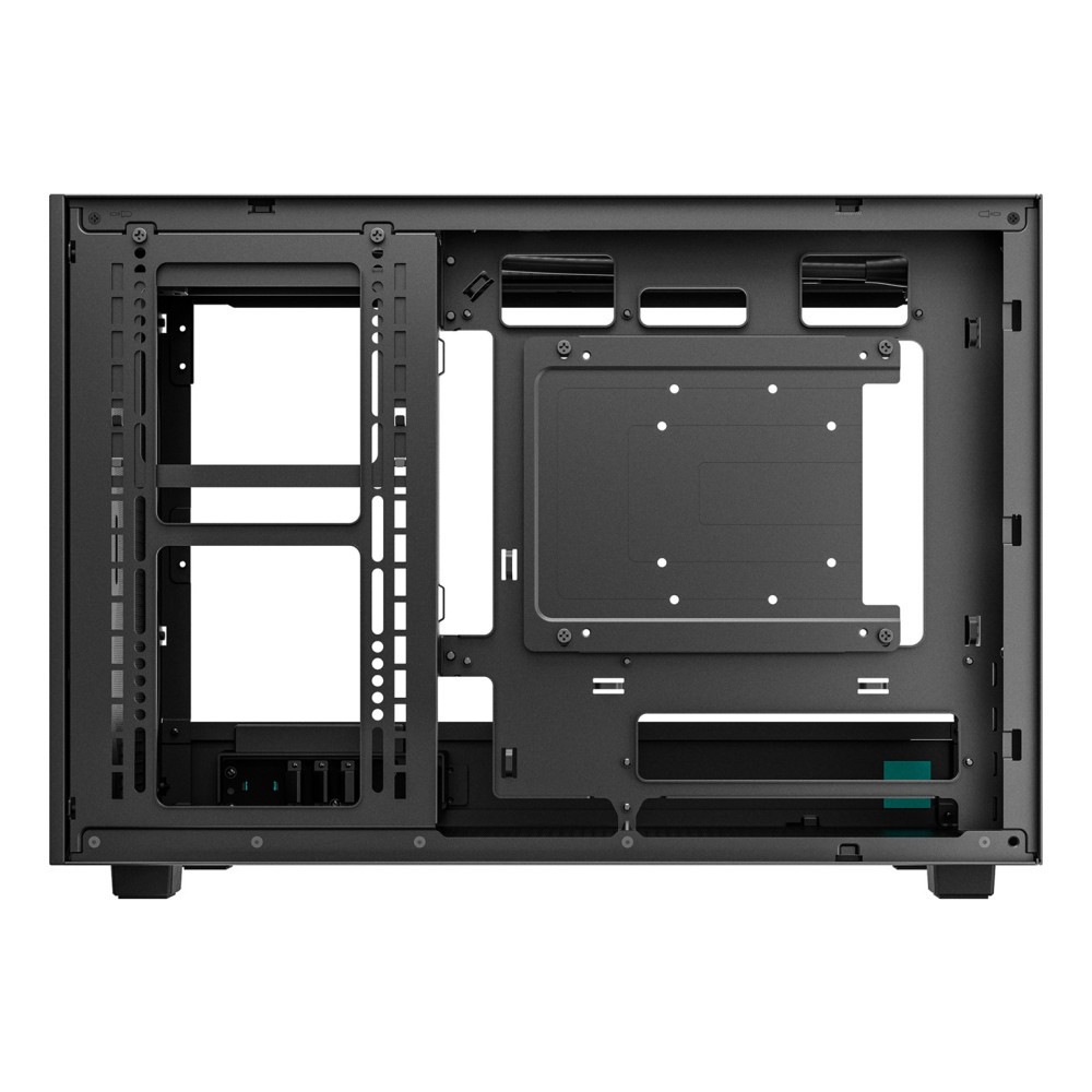 Vista interna di un case per computer nero vuoto, che mostra il vano scheda madre e i passaggi cavi.