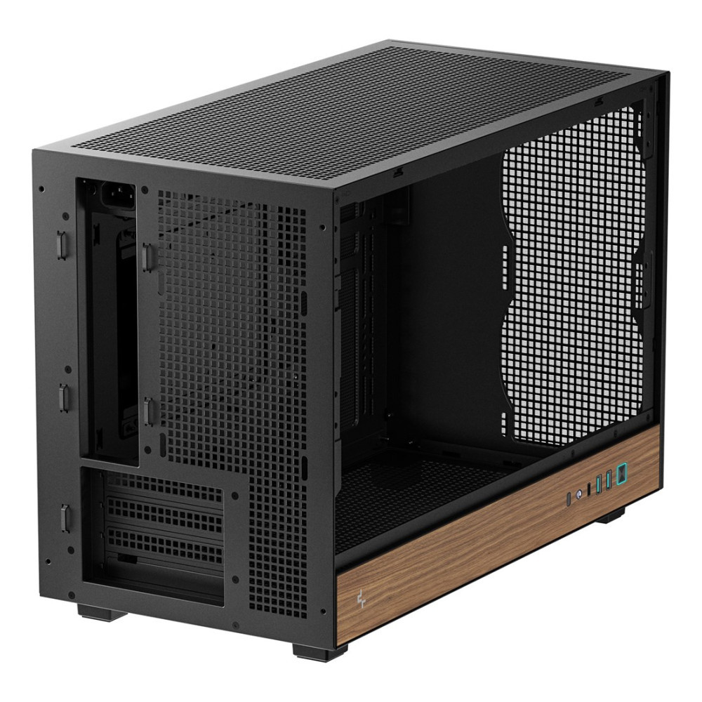 Un case per PC nero con pannelli in rete e una striscia di legno decorativa lungo il bordo anteriore inferiore.