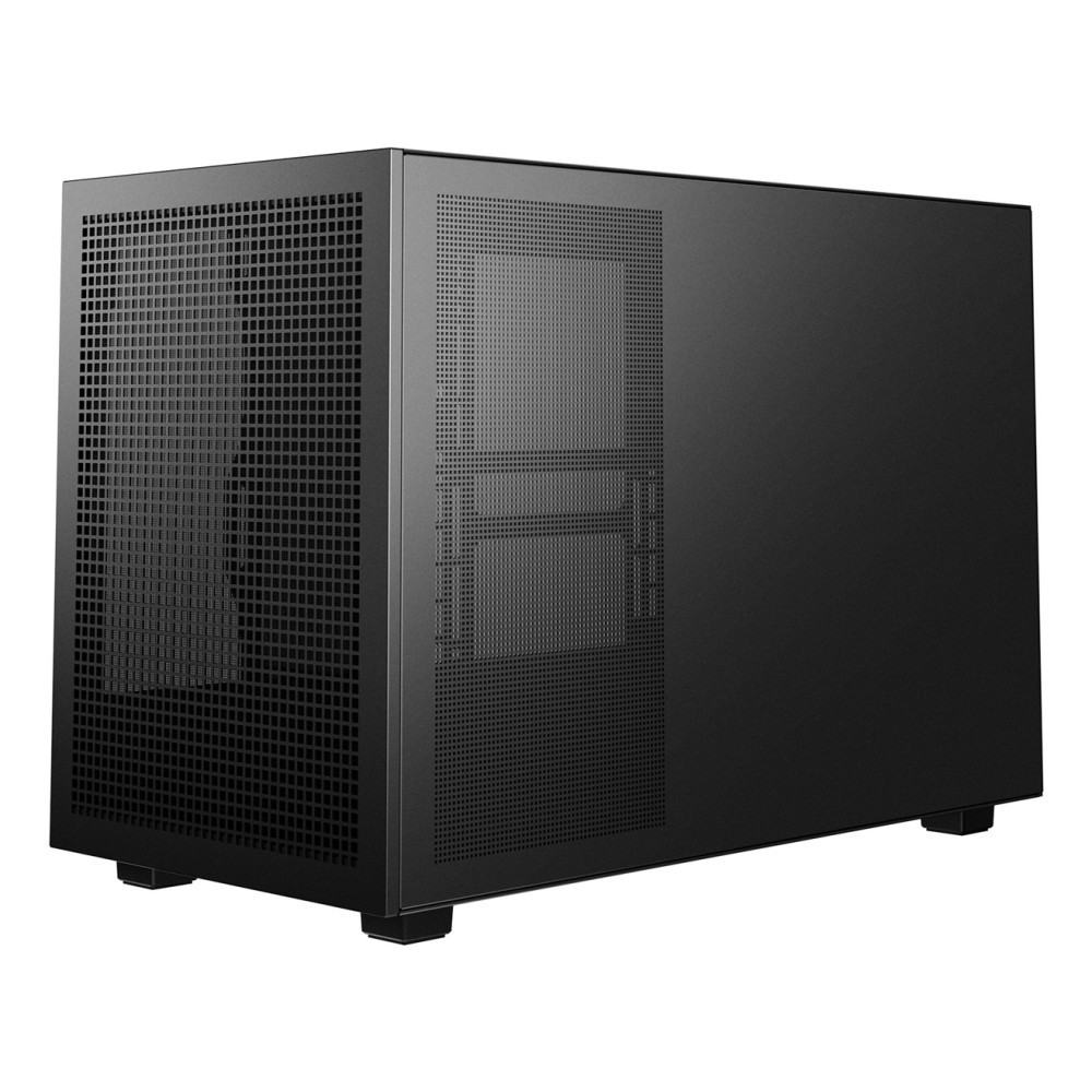 Un elegante case per computer nero con pannello frontale e laterale in rete, su piedini bianchi.