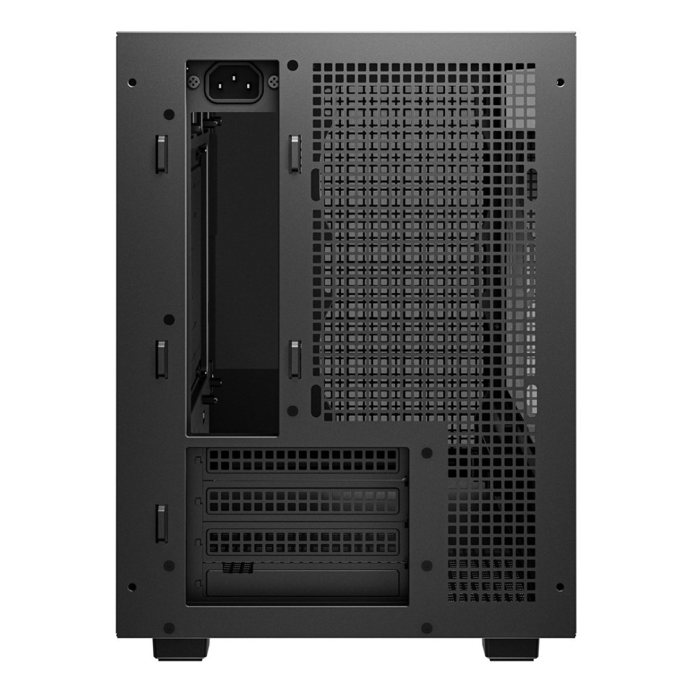 Vista posteriore di un case per PC nero con griglie di ventilazione, ingresso alimentazione e slot di espansione.
