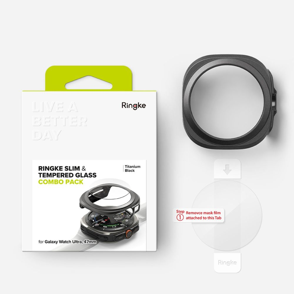 Combo pack Ringke Slim e vetro temperato per Galaxy Watch Ultra 47 mm con ghiera nera e protezione.