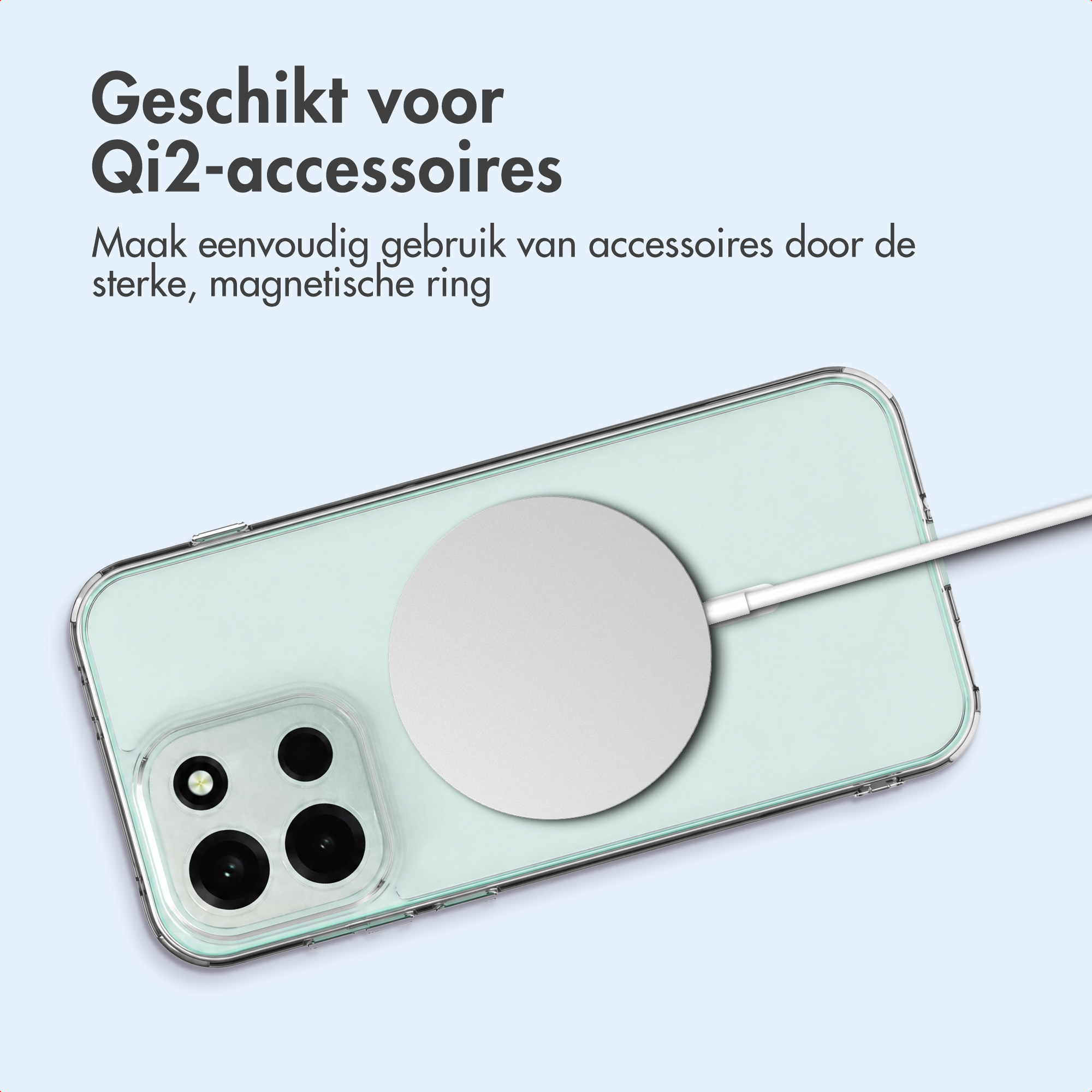 Smartphone dans une coque transparente avec anneau de charge et texte.