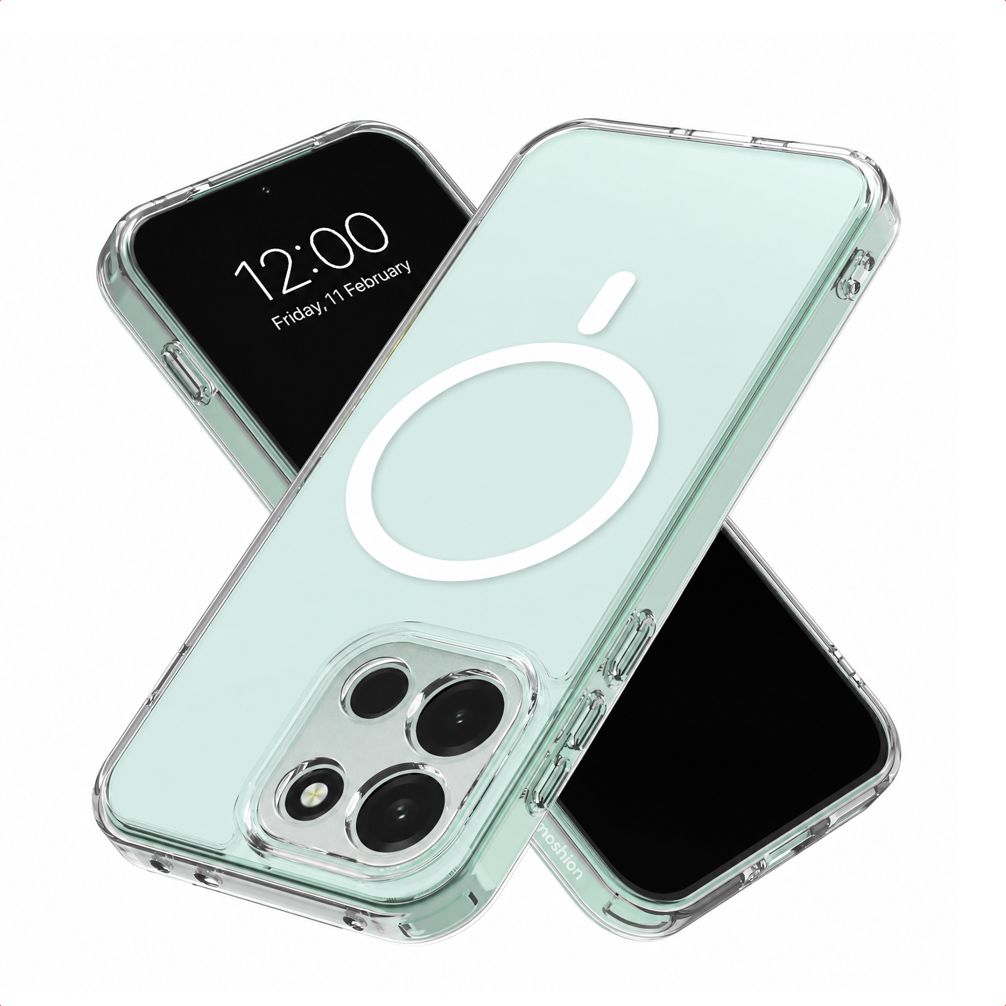 Deux smartphones dans des coques transparentes vert menthe avec anneau MagSafe sur fond blanc.