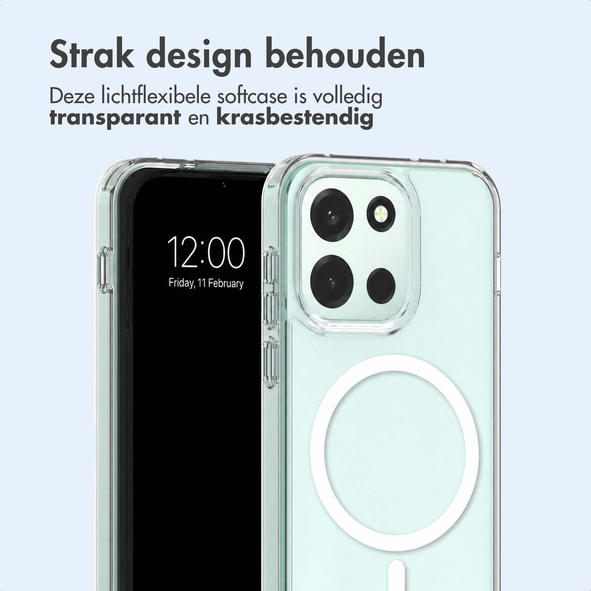 Coque de protection transparente sur un smartphone avec caméras et anneau MagSafe.