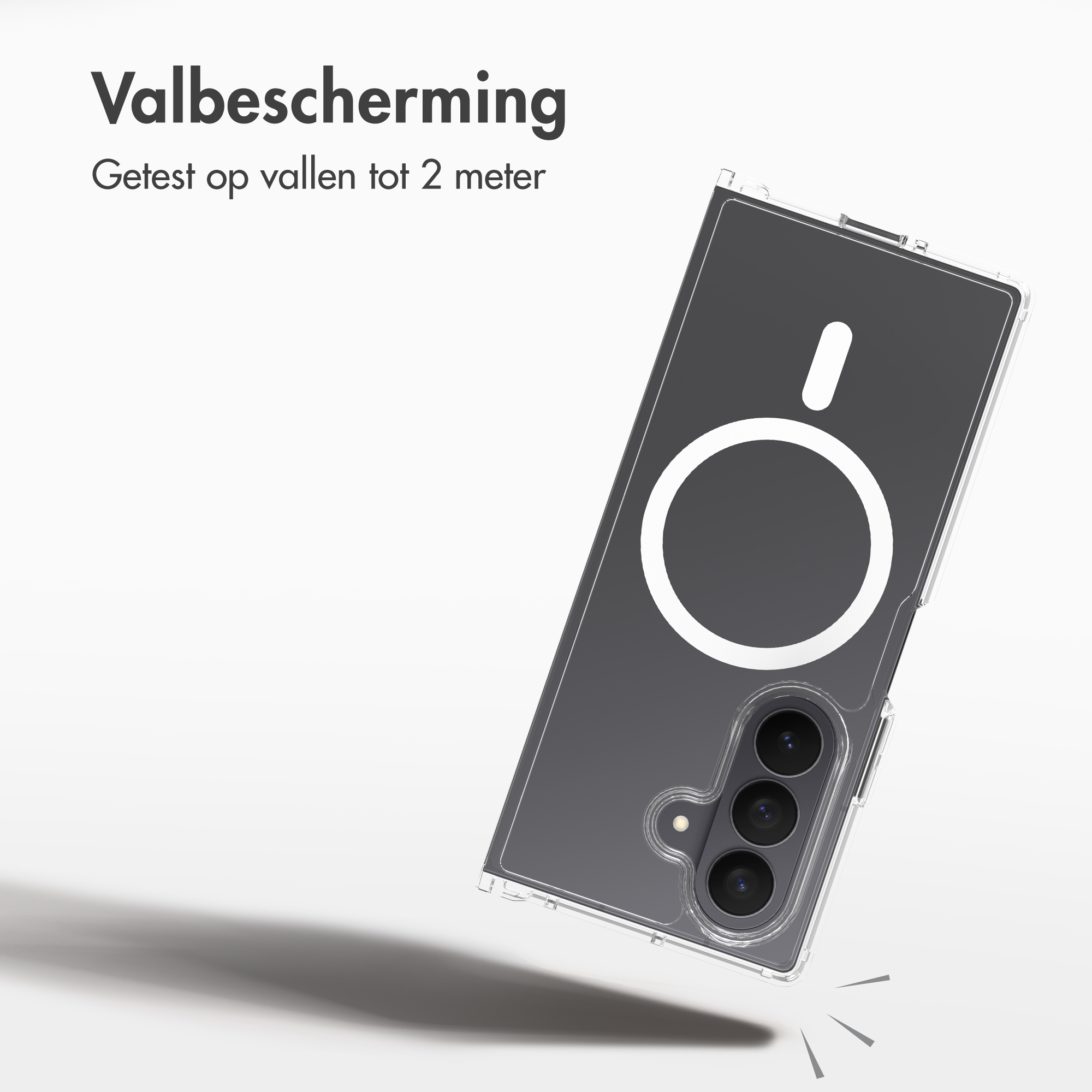 A transparent phone case with MagSafe ring, featuring drop protection up to 2 meters.