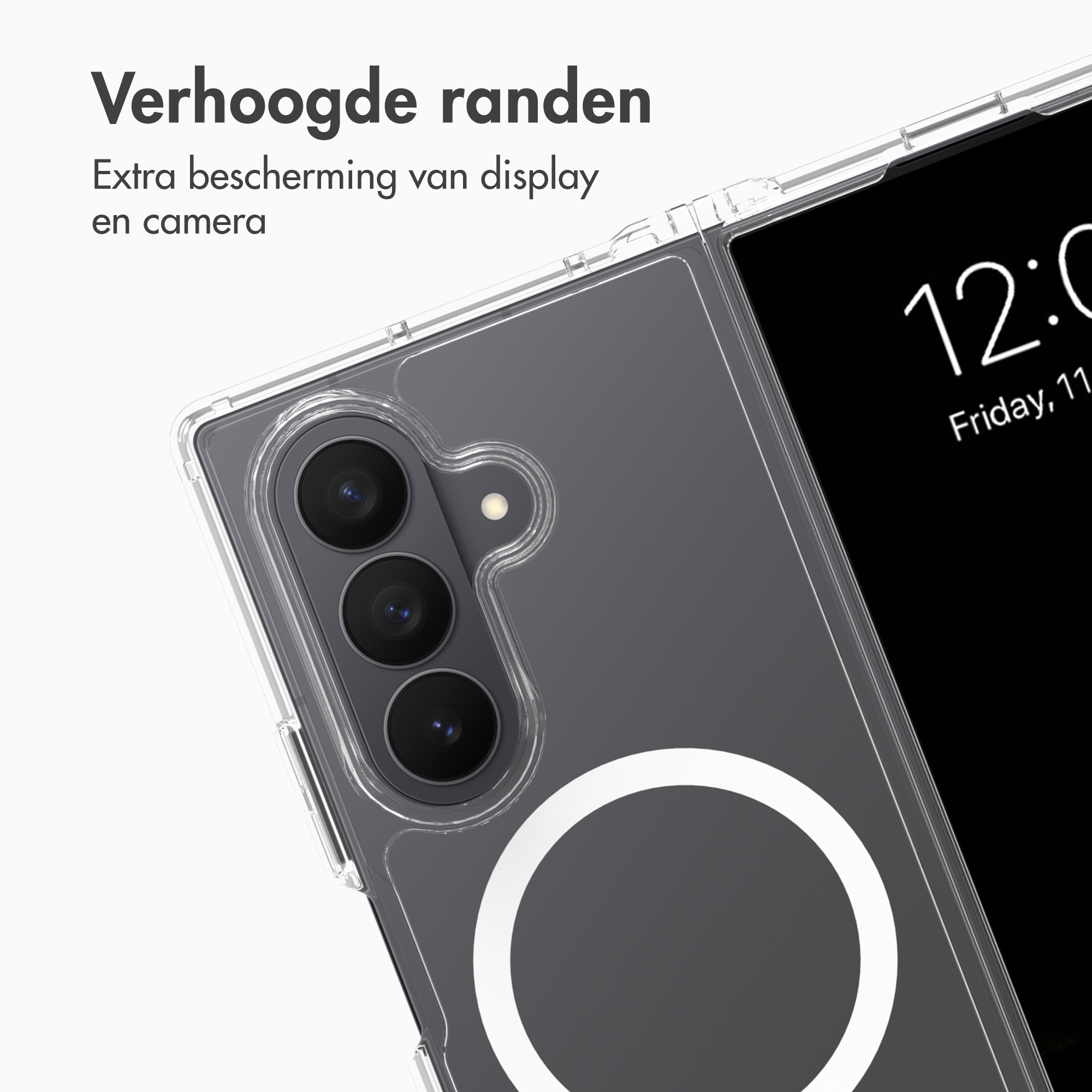 Transparent smartphone case with raised edges, three camera lenses, and a white ring on the back.