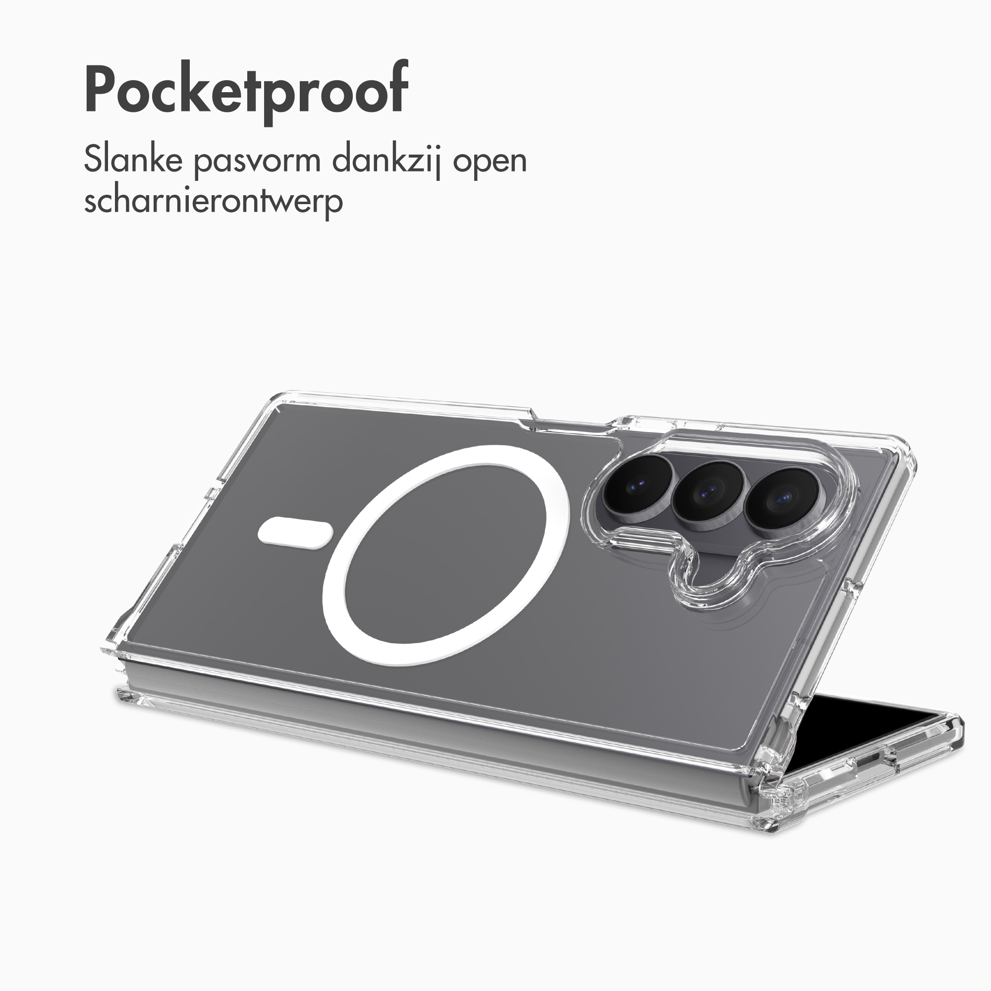 Transparent folding phone case with MagSafe ring and three camera cutouts, text at top.