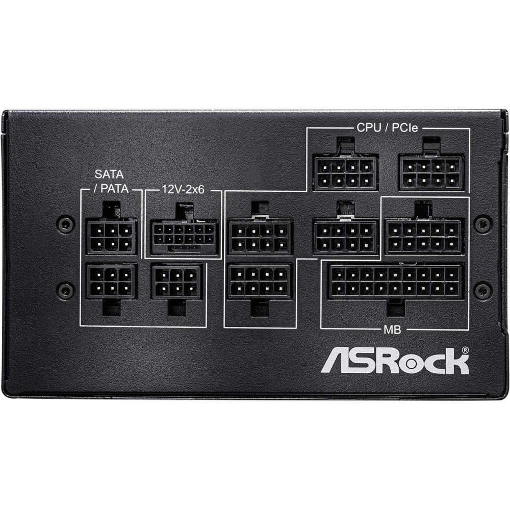 Czarny zasilacz ASRock z oznaczonymi złączami modularnymi dla SATA, 12V-2x6, CPU, PCIe i MB.