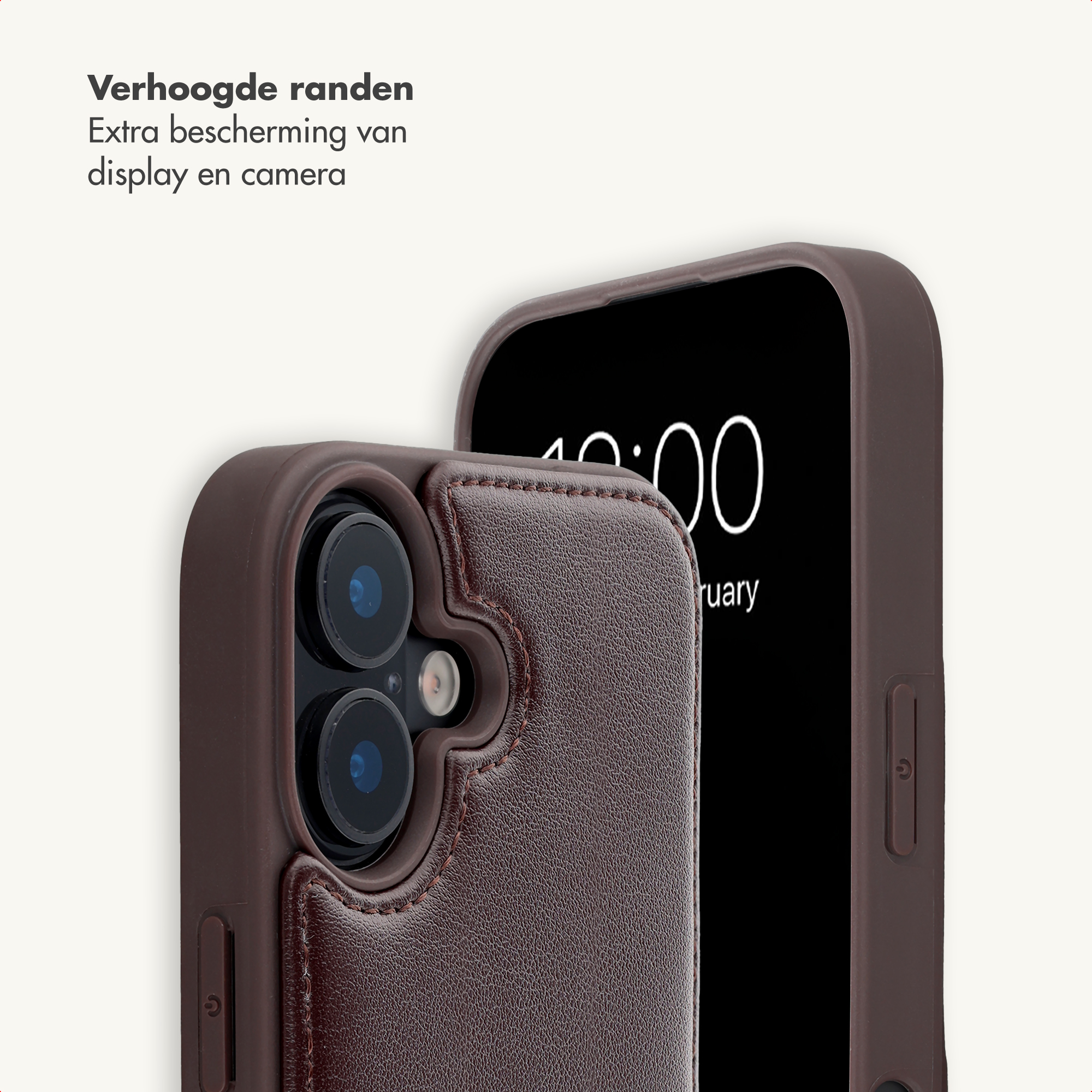 Zwei braune Smartphones mit Ledertaschen zeigen Kameraschutz und erhöhte Ränder.