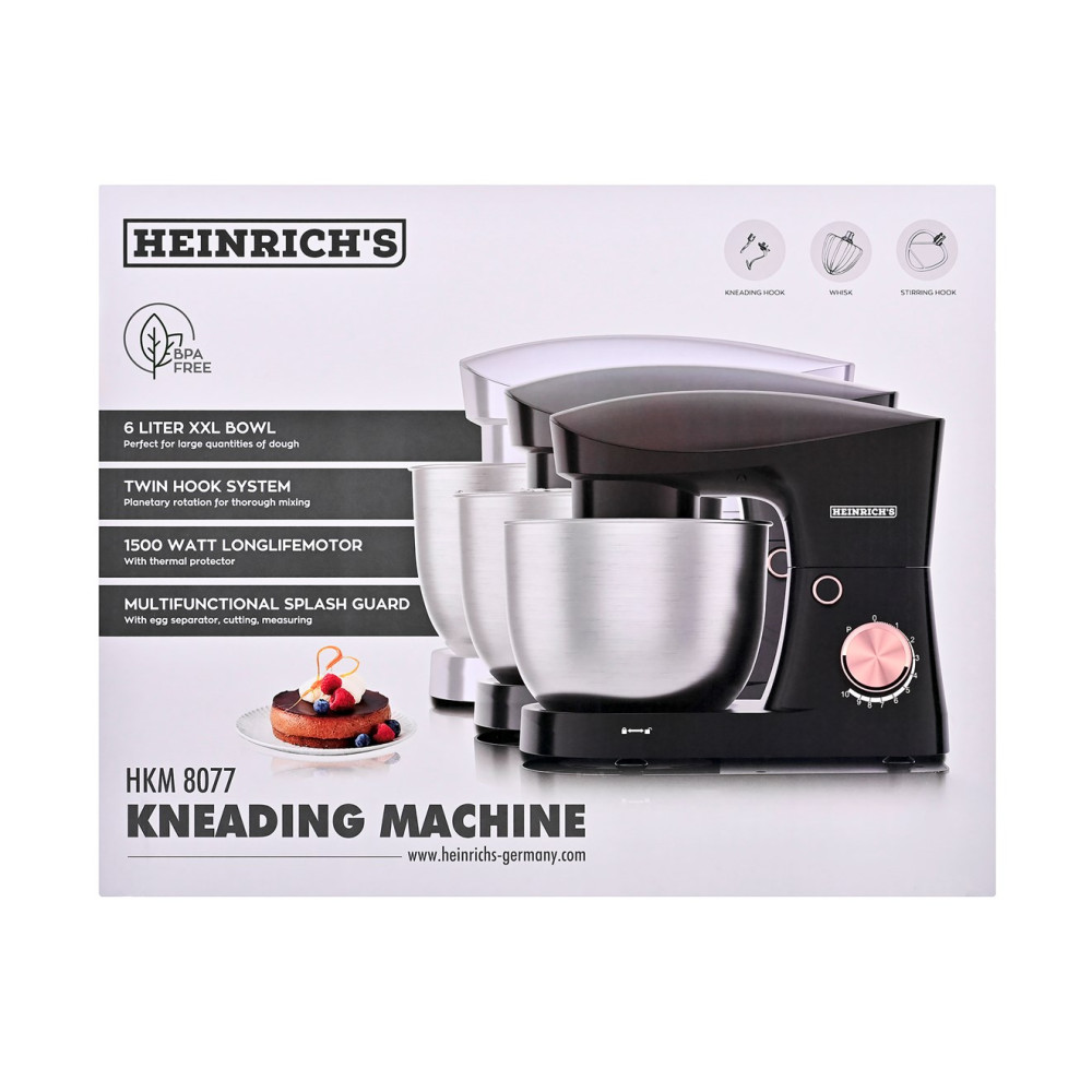 Czarny robot kuchenny Heinrich's HKM 8077 z miską ze stali nierdzewnej, akcesoriami i napisem na opakowaniu.