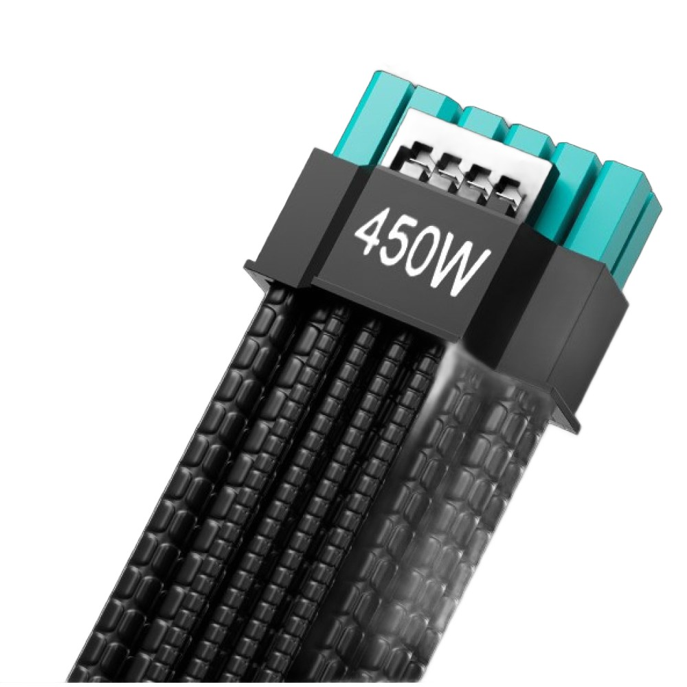 Czarny kabel zasilający 450W z czarnymi i turkusowymi złączami na białym tle.