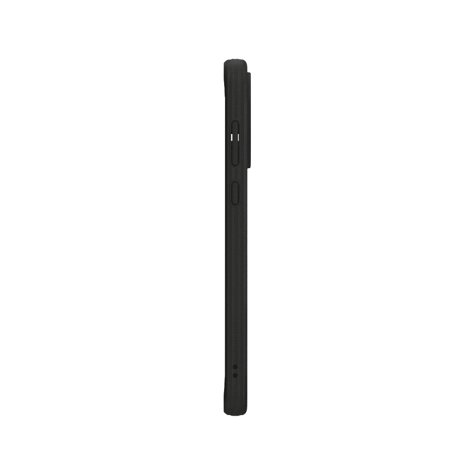 Zijaanzicht van een zwart beschermend telefoonhoesje met knoppen en uitsparingen tegen een witte achtergrond.