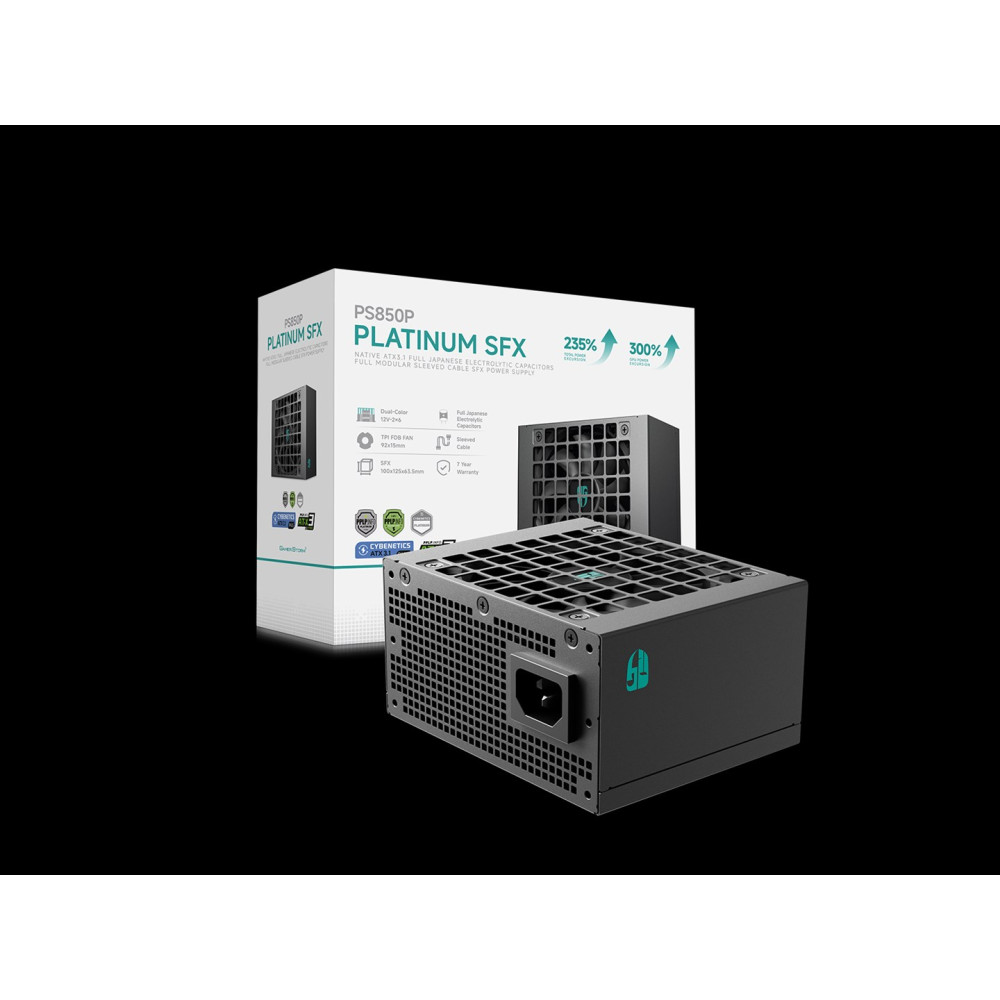 Czarny zasilacza PS850P Platinum SFX z kratką wentylacyjną przed pudełkiem produktu.