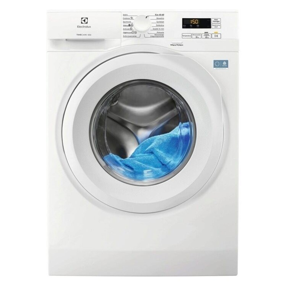 Biała pralka ładowana od przodu Electrolux z niebieskim praniem widocznym w szklanych drzwiczkach.