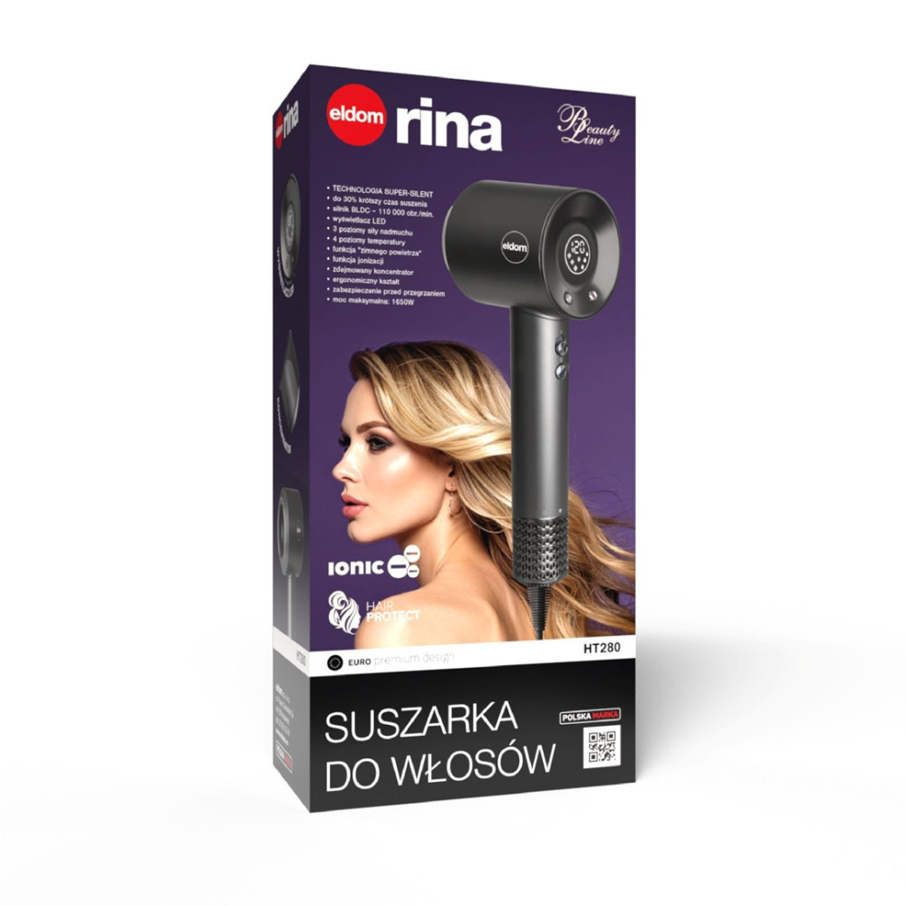 Opakowanie suszarki do włosów Eldom Rina z wizerunkiem blond kobiety na fioletowym tle.