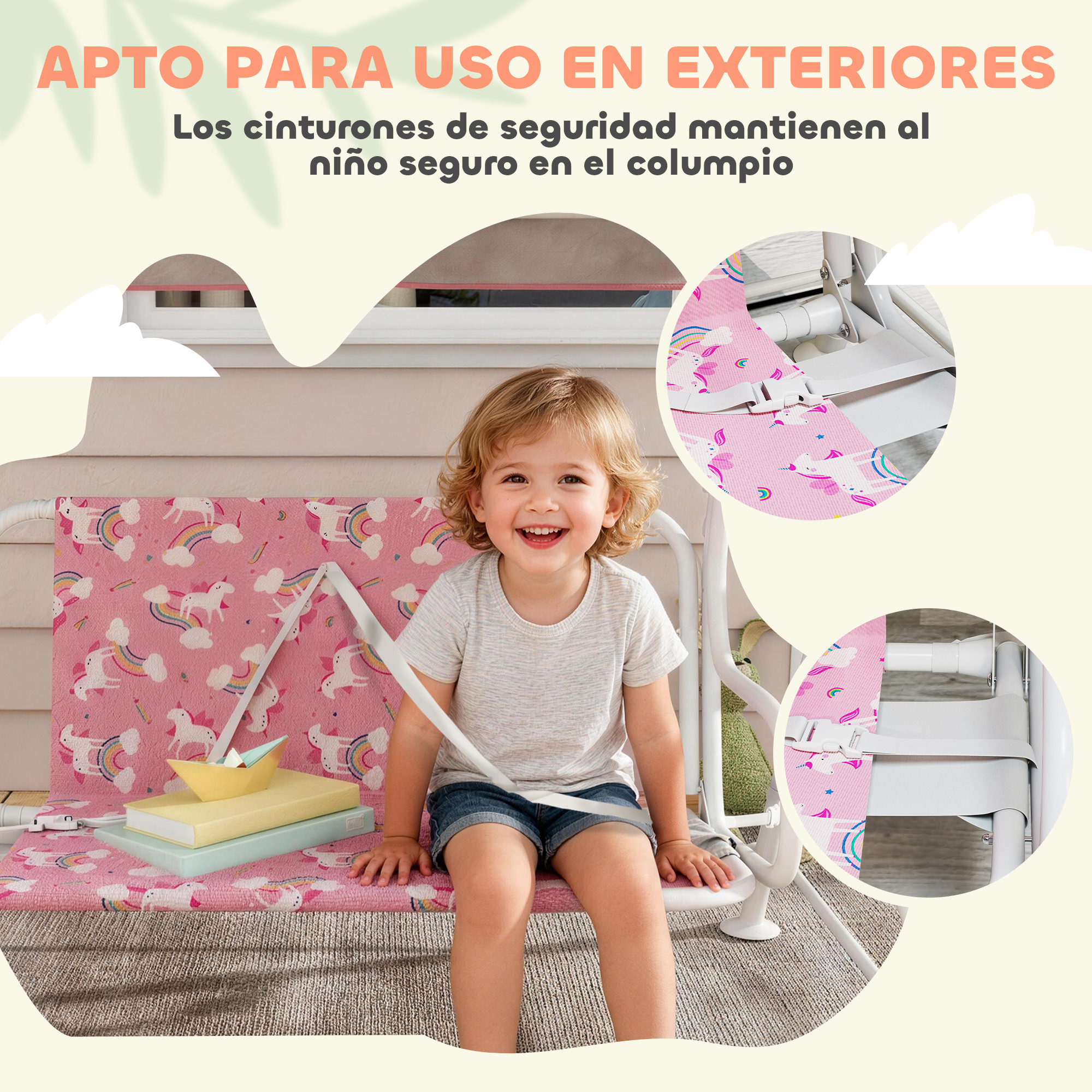 Niño sonriente en columpio de unicornio rosa, con detalles de arneses de seguridad.