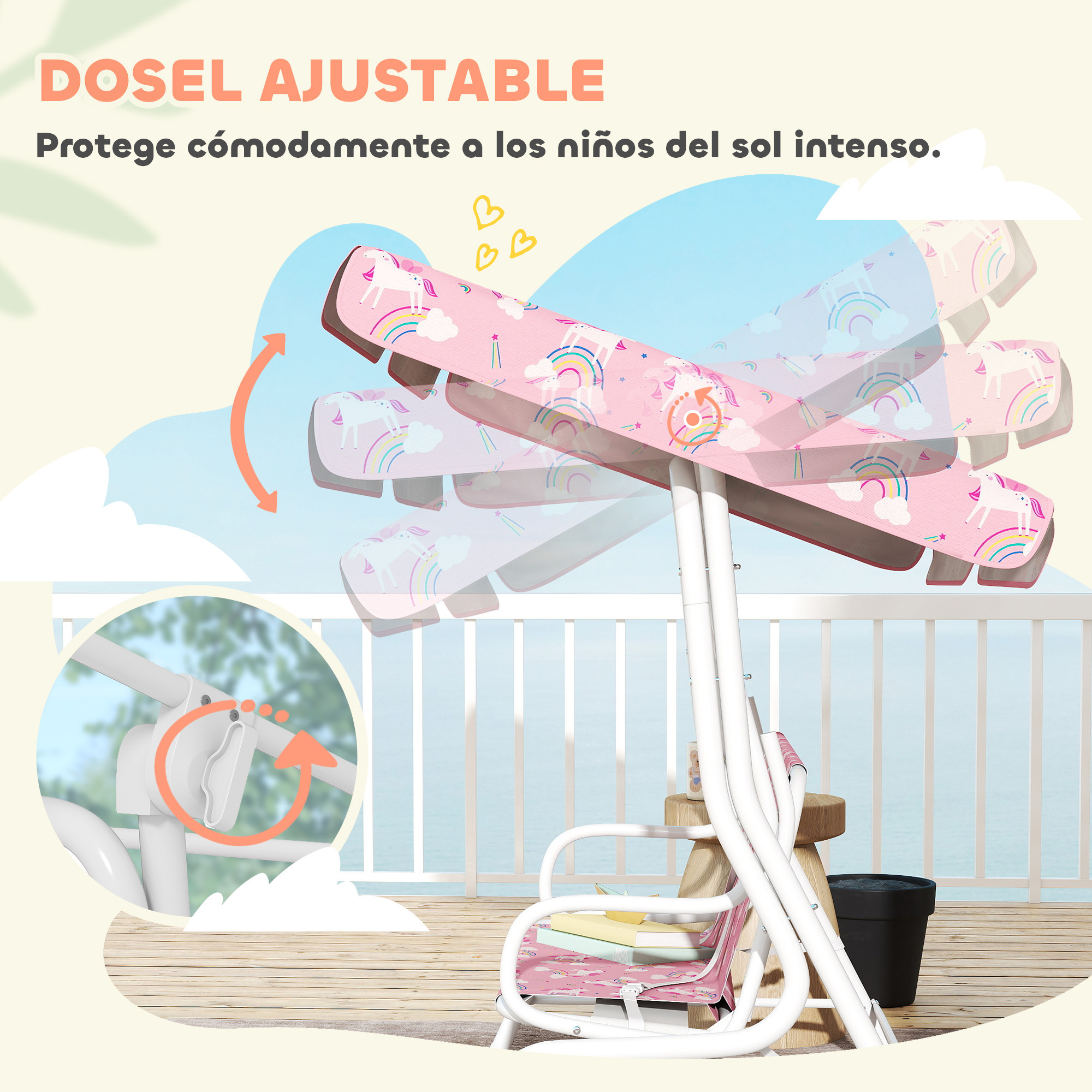Un dosel ajustable rosa de unicornios para una silla infantil en un balcón junto al mar.