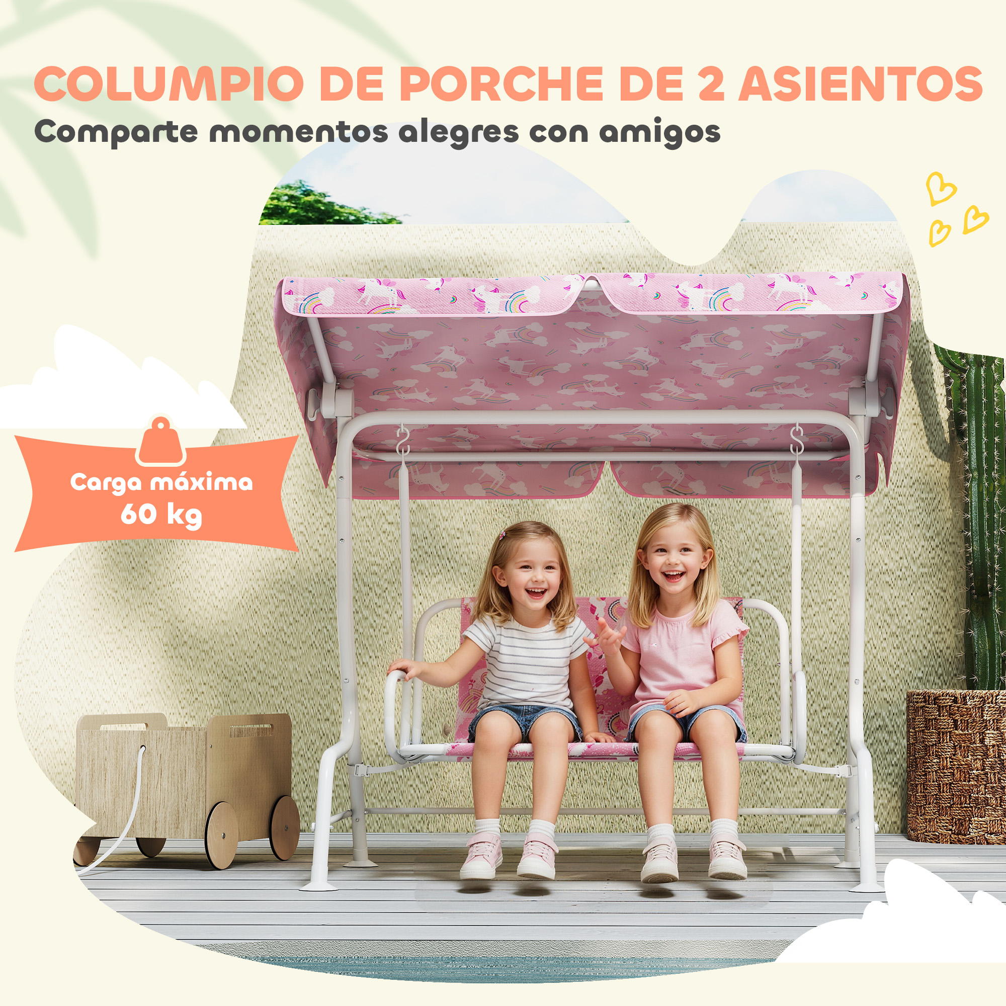 Dos niñas sonrientes en un columpio de porche con toldo rosa al aire libre.
