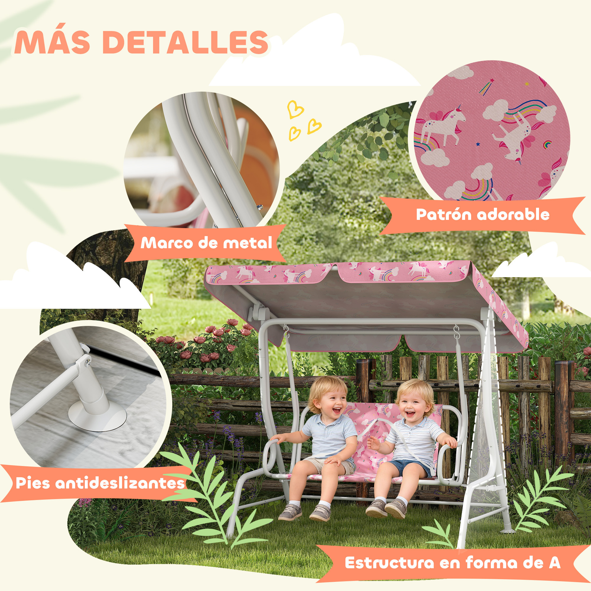 Dos niños pequeños sonrientes en un columpio rosa para niños en el jardín, con detalles del marco y tela.
