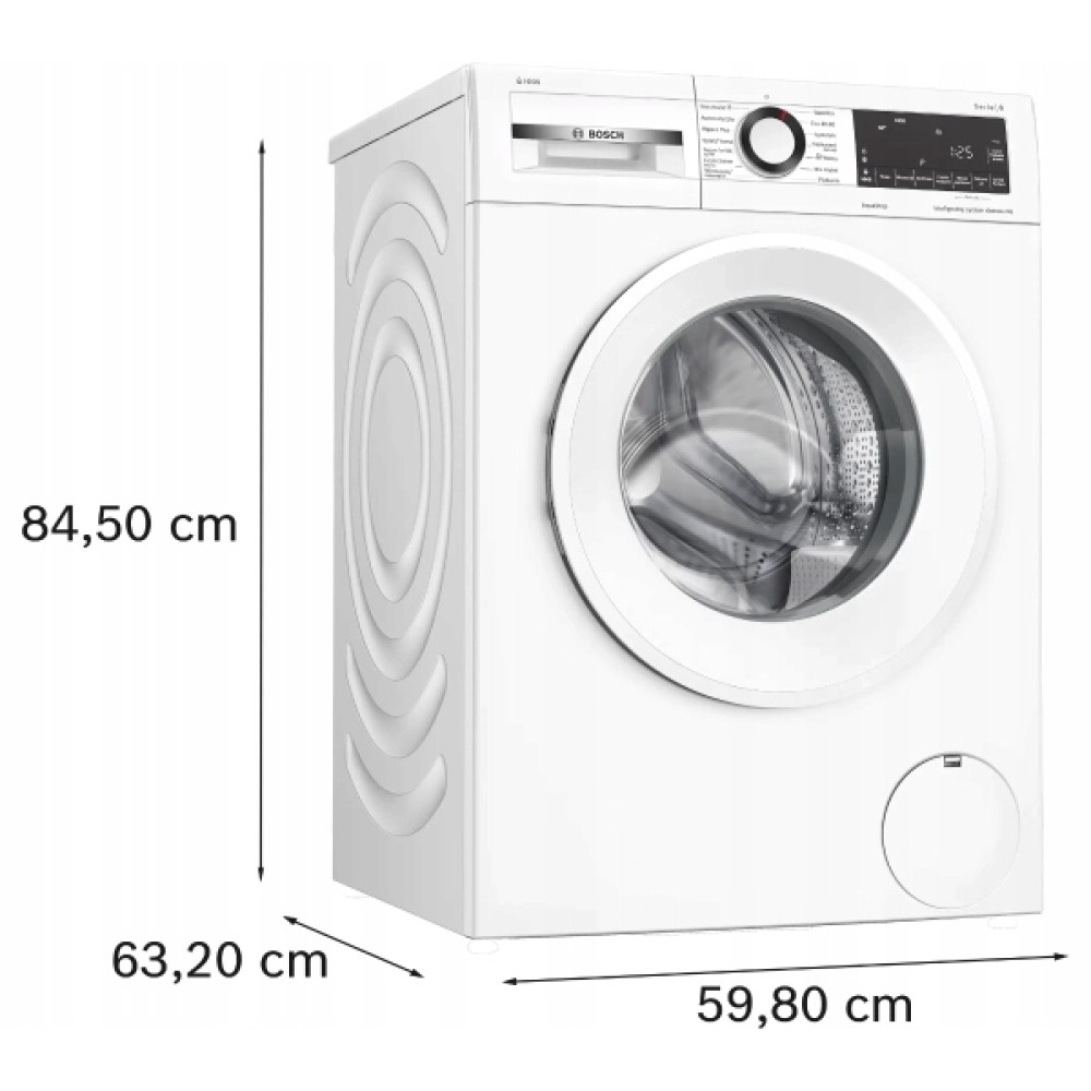 Biała pralka Bosch o wymiarach: wysokość 84,50 cm, szerokość 59,80 cm i głębokość 63,20 cm.