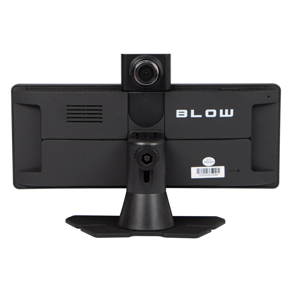 Vista posteriore di un monitor BLOW nero con telecamera integrata e un supporto robusto su sfondo bianco.