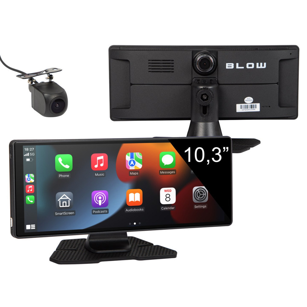 Monitor per auto da 10,3 pollici con schermo CarPlay e telecamera posteriore su sfondo bianco.