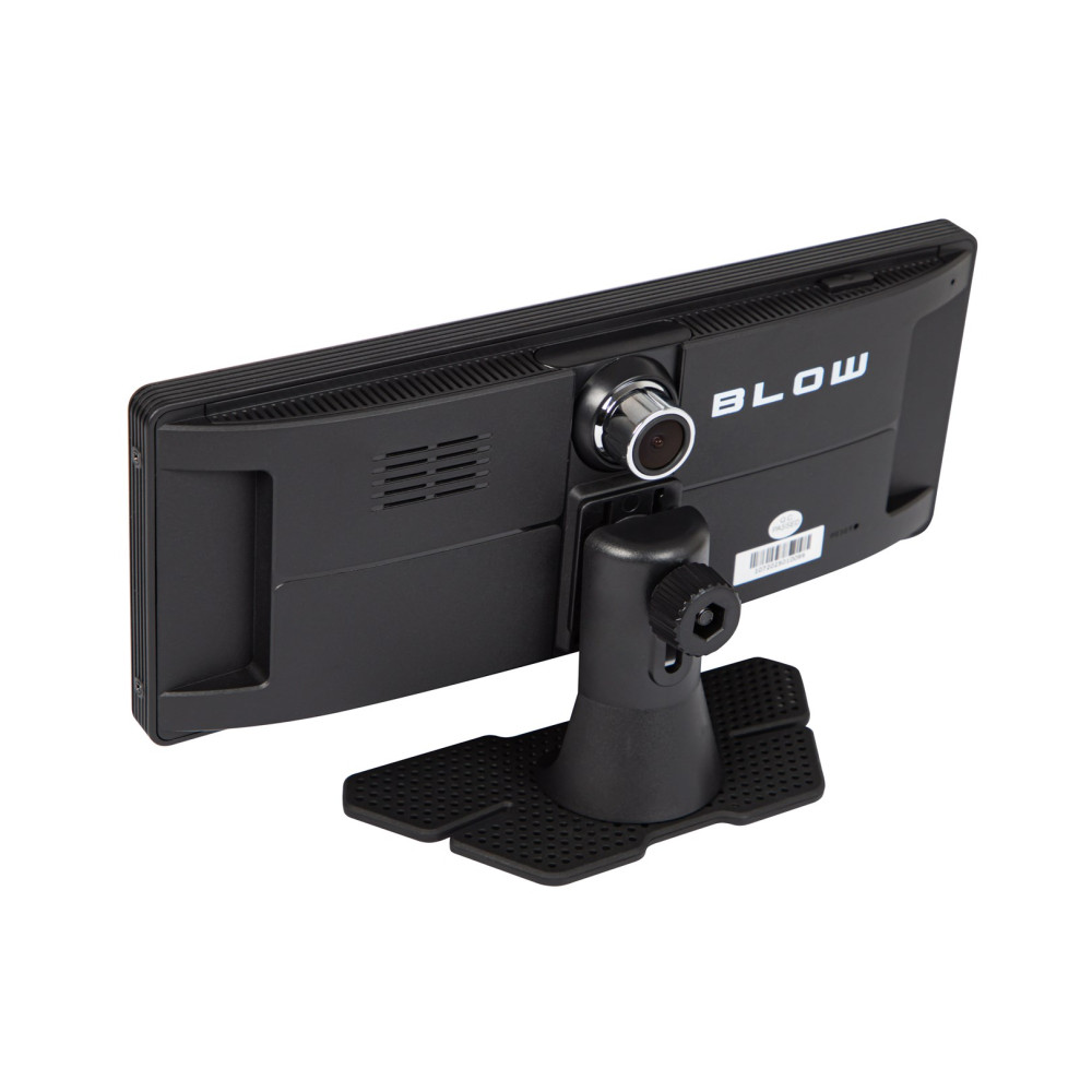 Specchietto retrovisore per auto nero con fotocamera integrata e supporto su sfondo bianco.