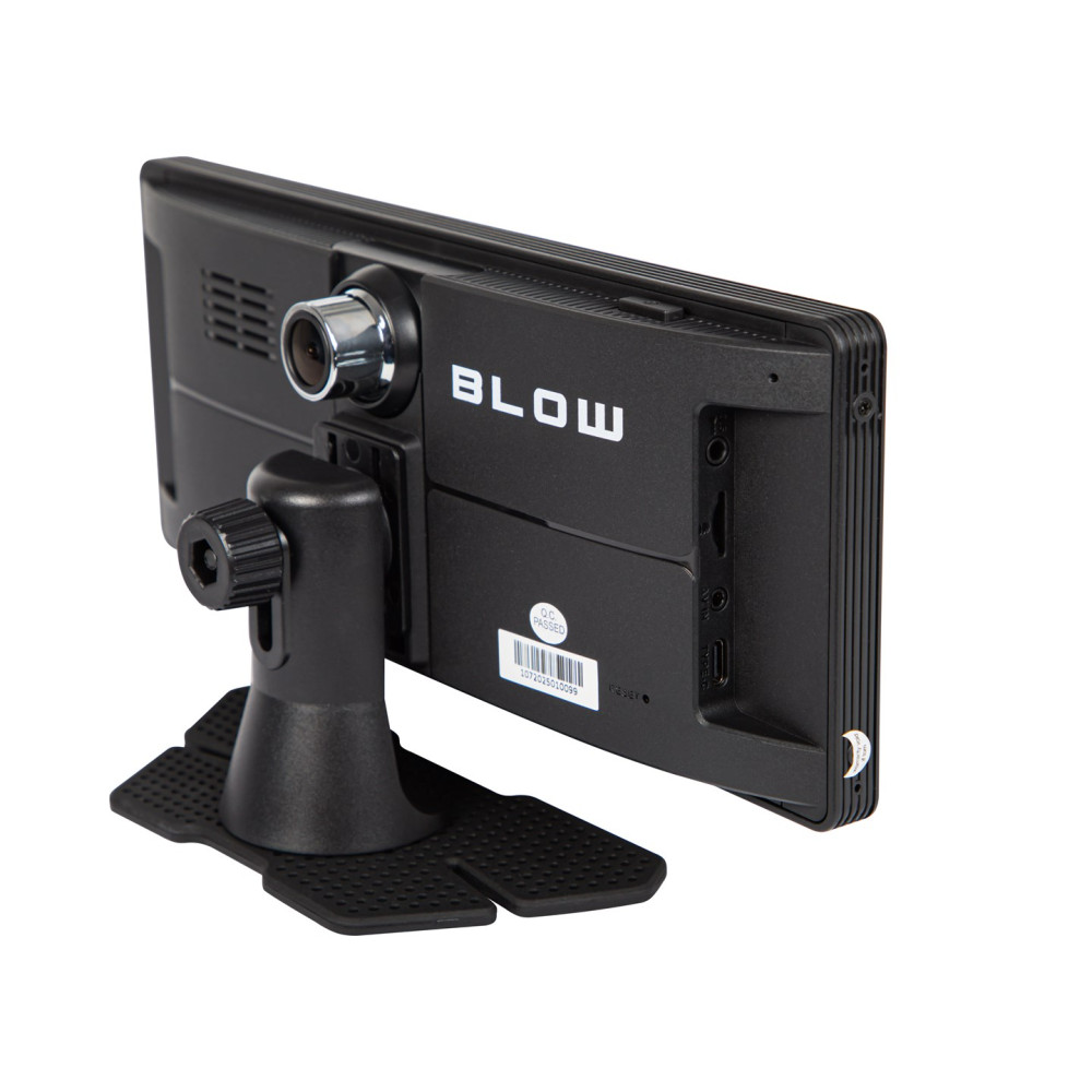 Vista posteriore di una dashcam nera Blow con supporto su sfondo bianco.