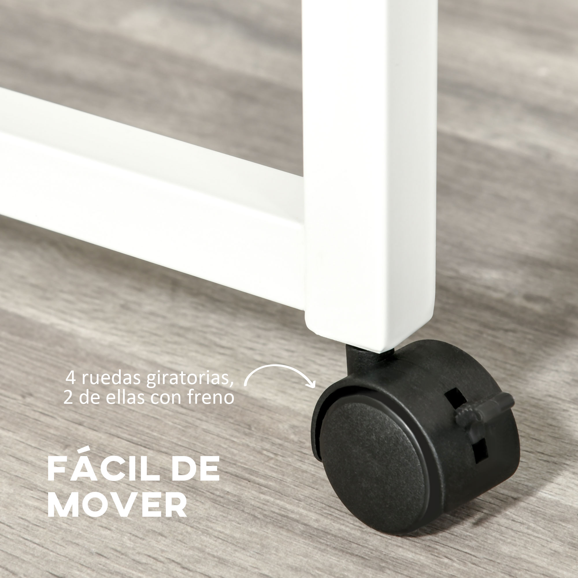 Una pata de mueble blanca con rueda giratoria negra sobre suelo de madera gris y texto.