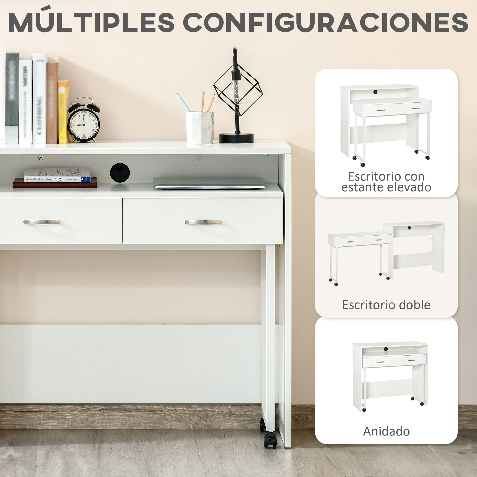 Escritorio modular blanco con cajones y portátil, mostrando varias configuraciones a la derecha.
