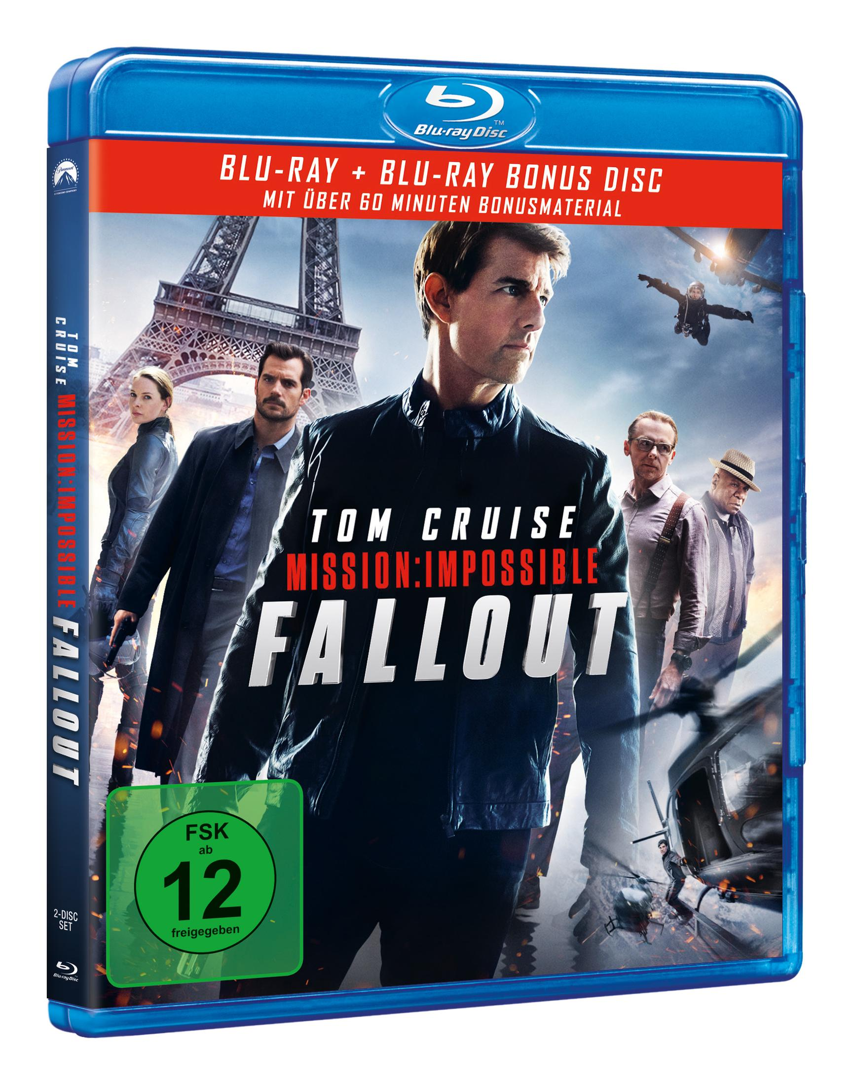 Blu-ray-Hülle von Mission: Impossible Fallout mit Tom Cruise, der Eiffelturm im Hintergrund.