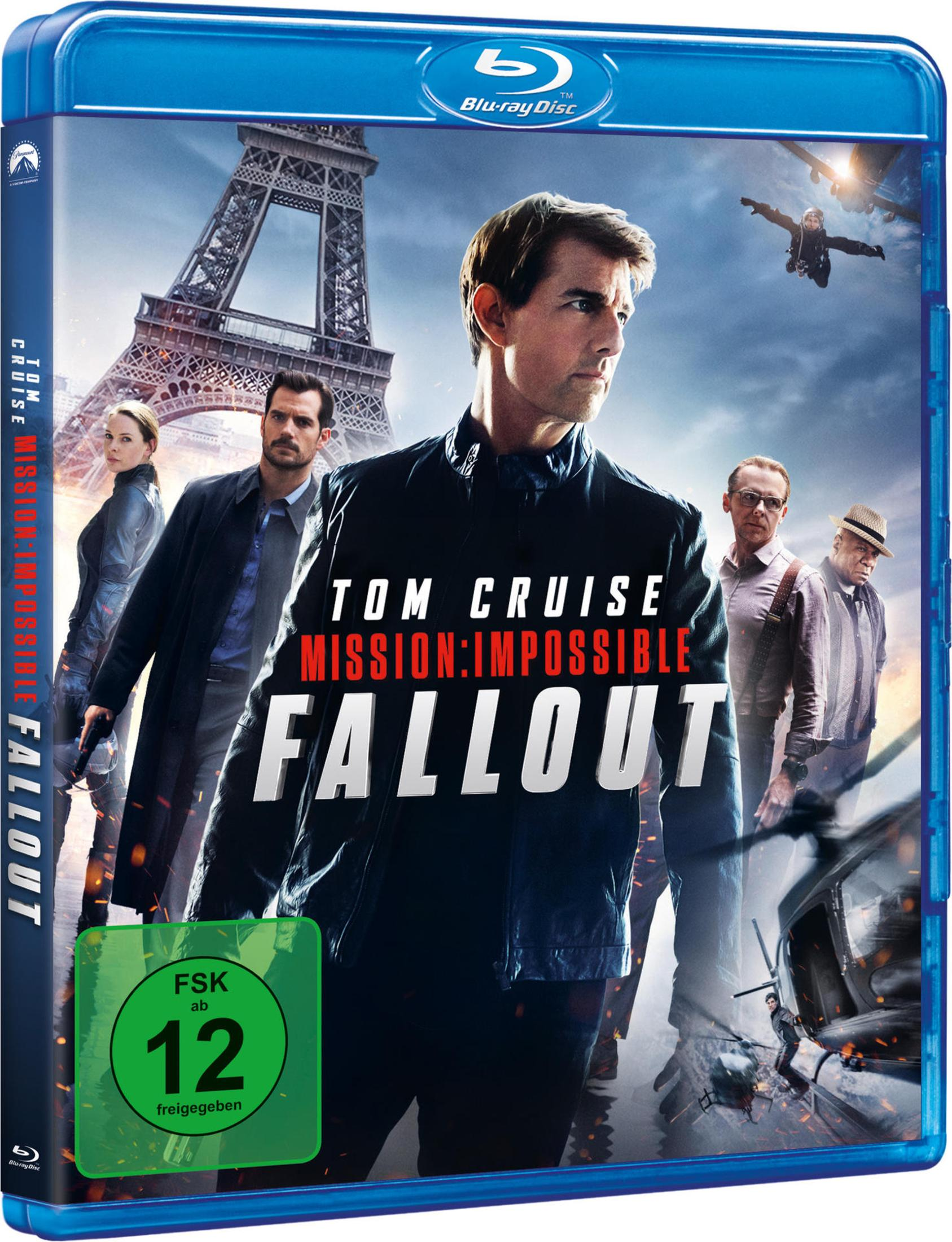 Blu-ray-Hülle des Films Mission: Impossible - Fallout mit Tom Cruise und weiteren Darstellern vor dem Eiffelturm.