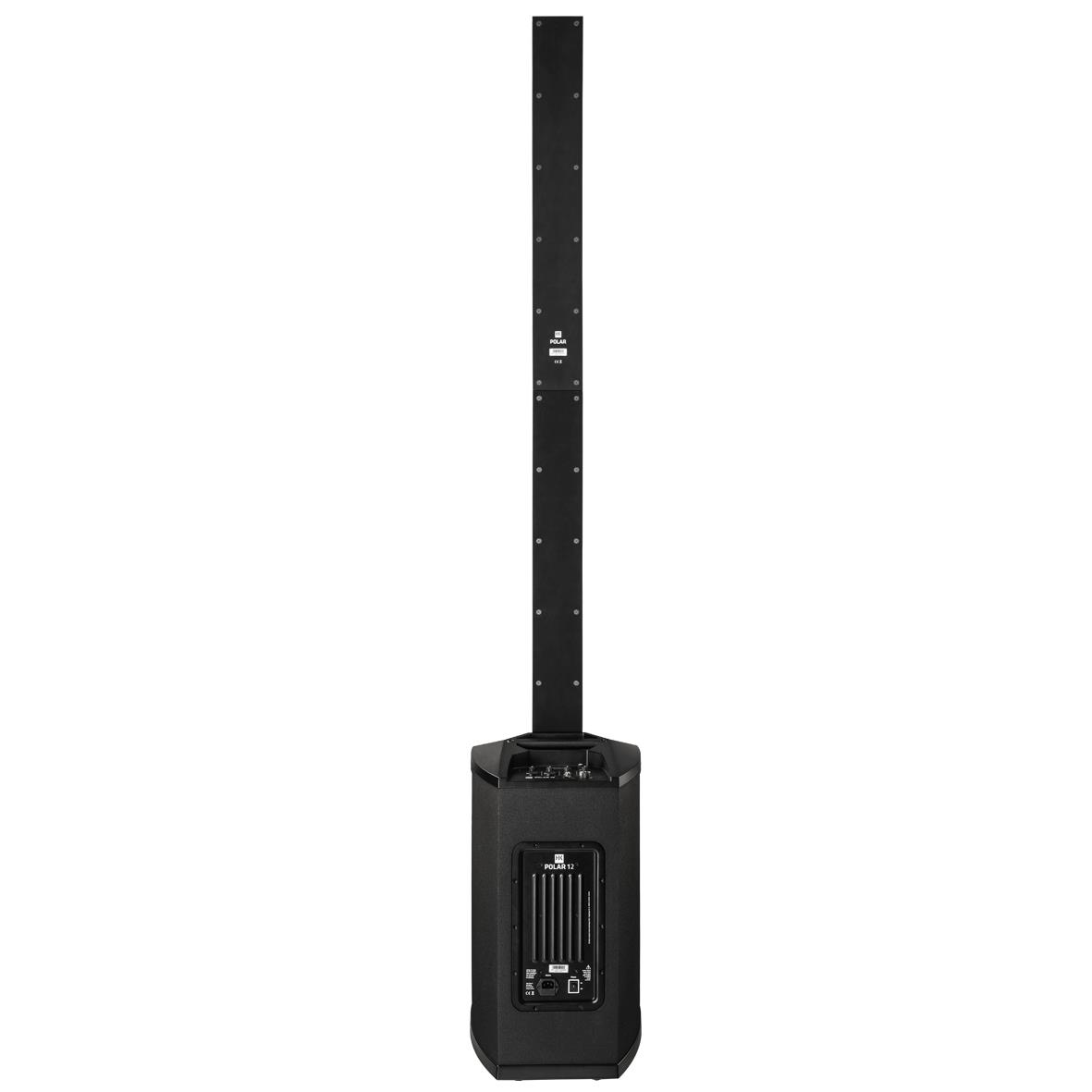 Beyaz arka planda subwoofer tabanına sahip uzun siyah sütun hoparlör.