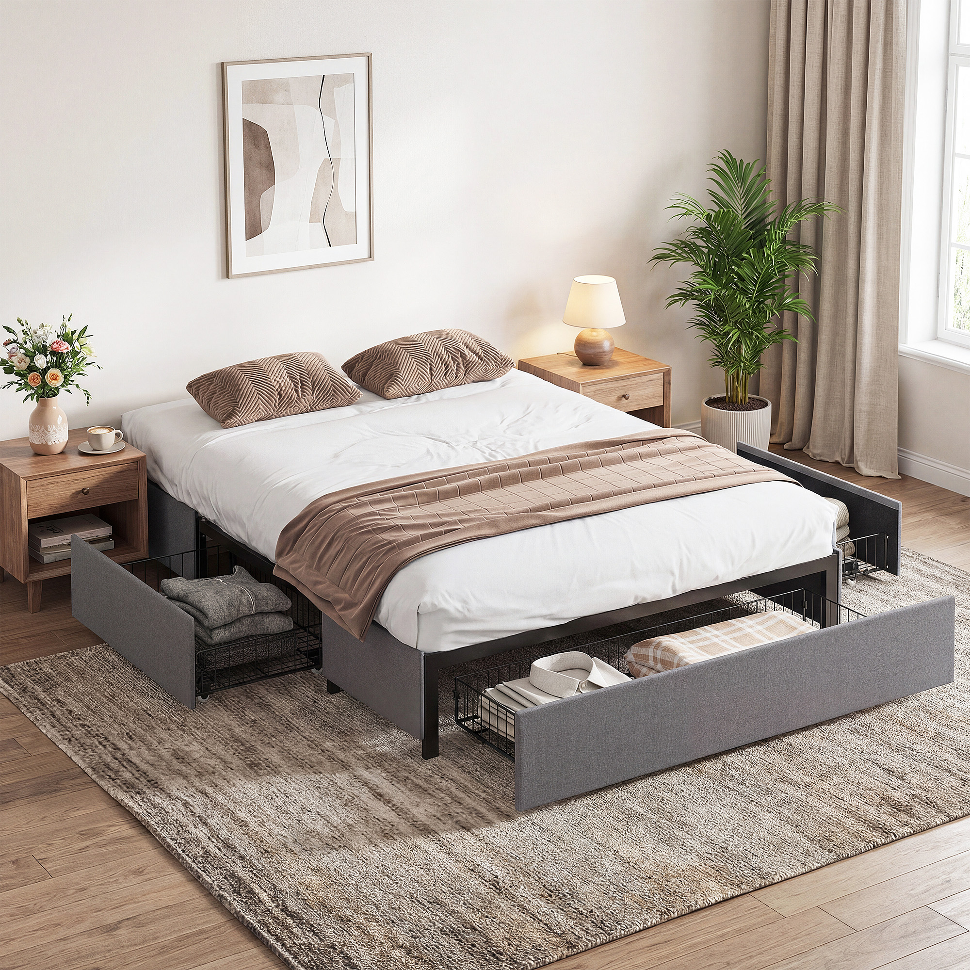 Un dormitorio moderno con una cama que incluye cajones de almacenamiento grises, mesitas de noche y una planta.