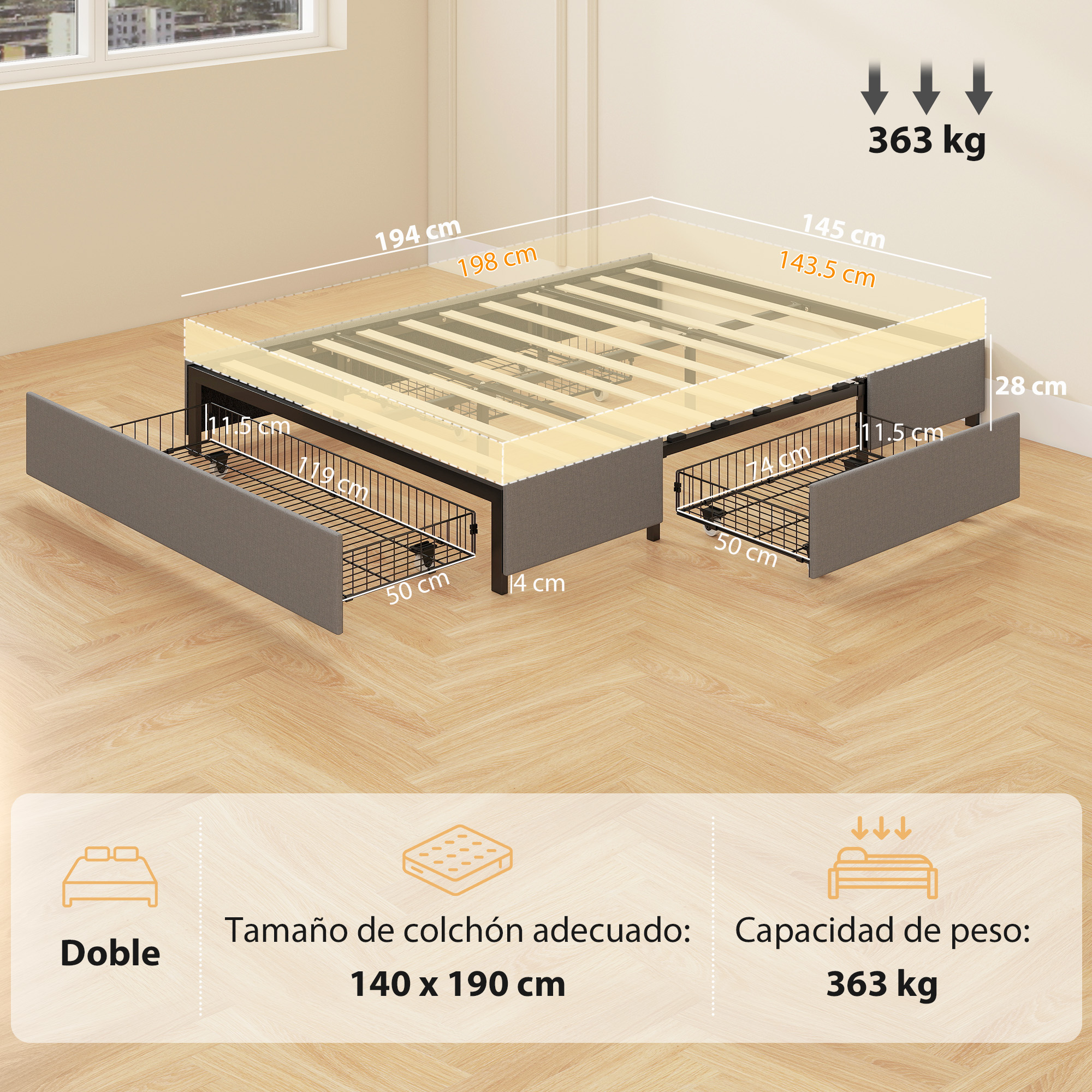 Estructura de cama con listones de madera y cuatro cajones inferiores, con dimensiones y capacidad de peso.