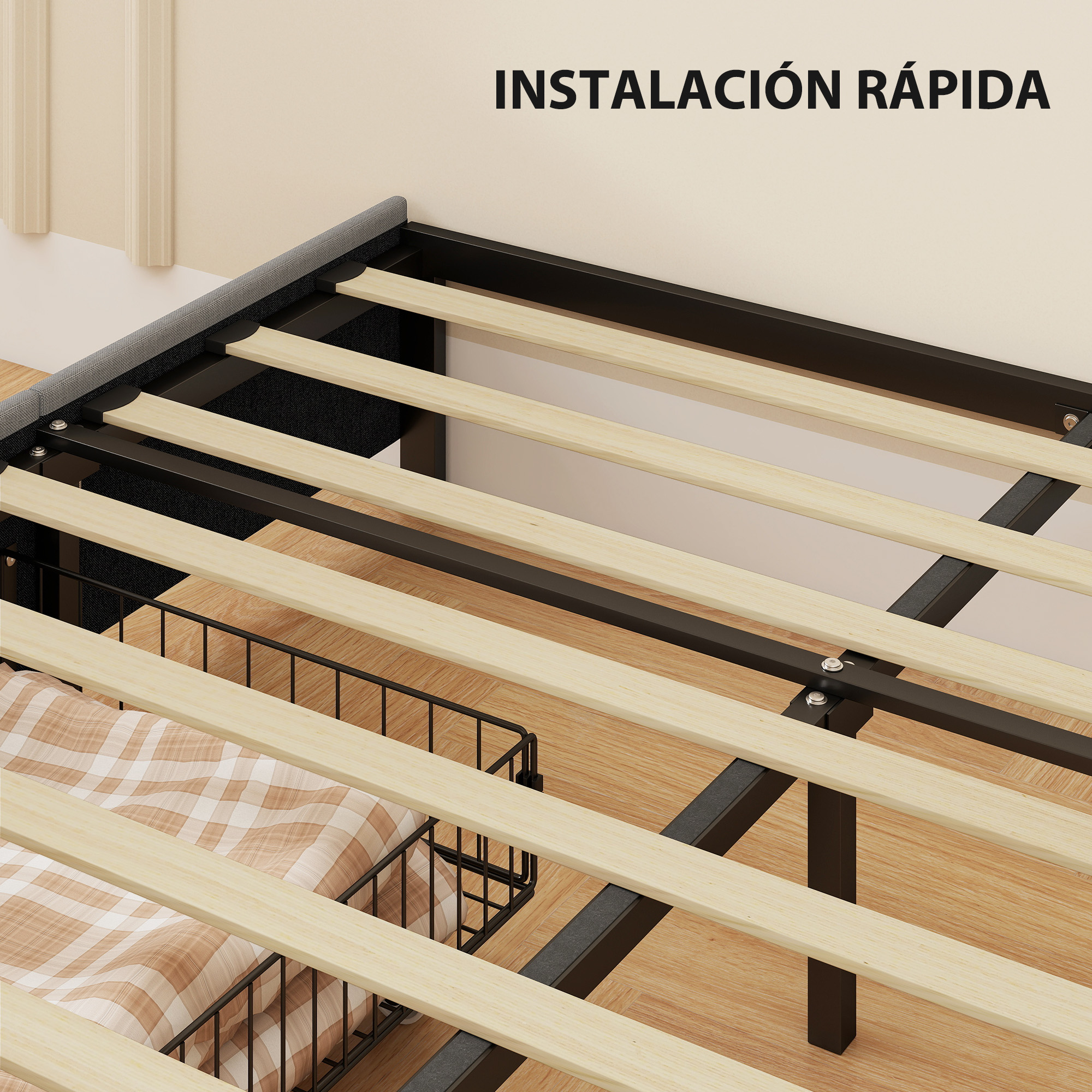 Láminas de madera en una estructura de cama de metal negro con cesta.