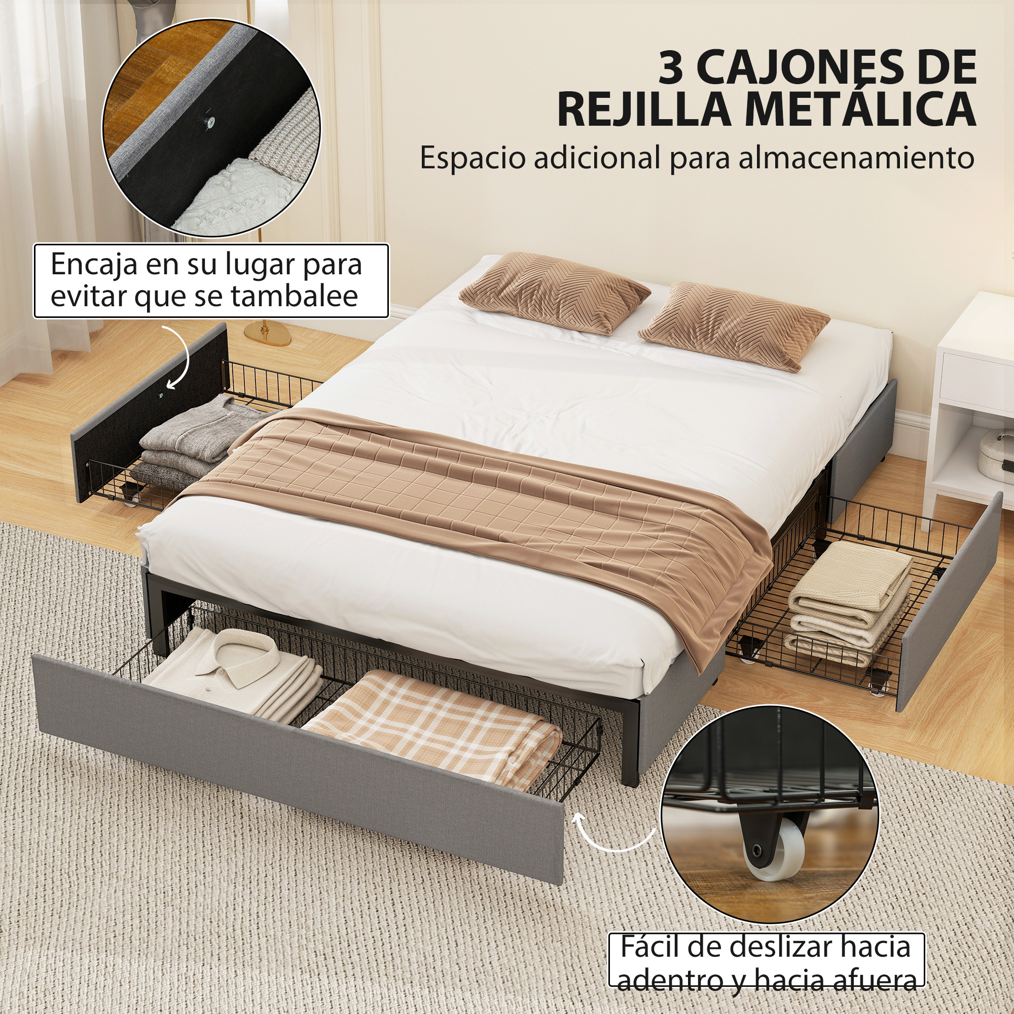 Una cama con tres cajones de rejilla metálica extraíbles debajo, ofreciendo espacio de almacenamiento extra.