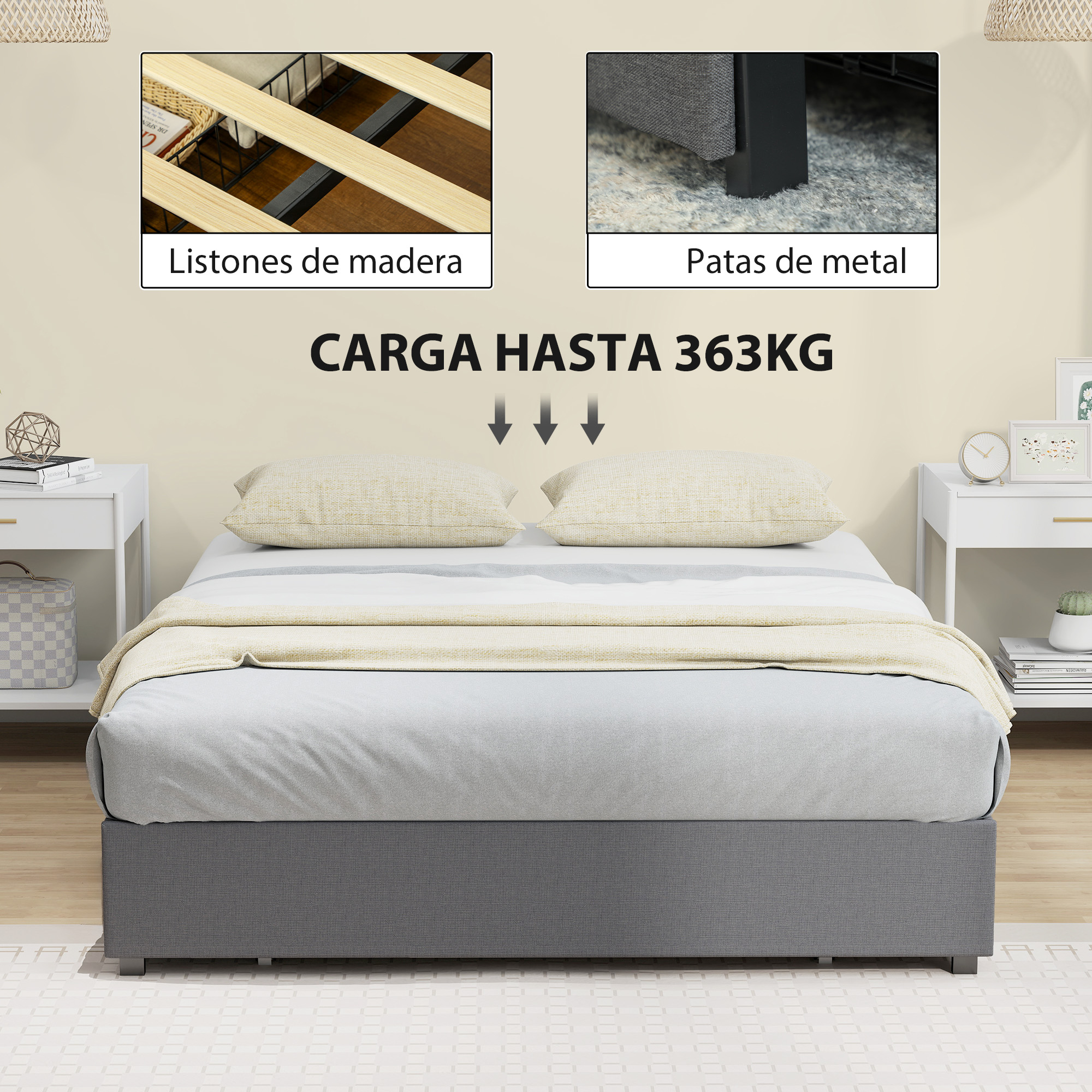 Cama tapizada con listones de madera y patas de metal, soporta hasta 363 kg, con dos mesitas de noche.