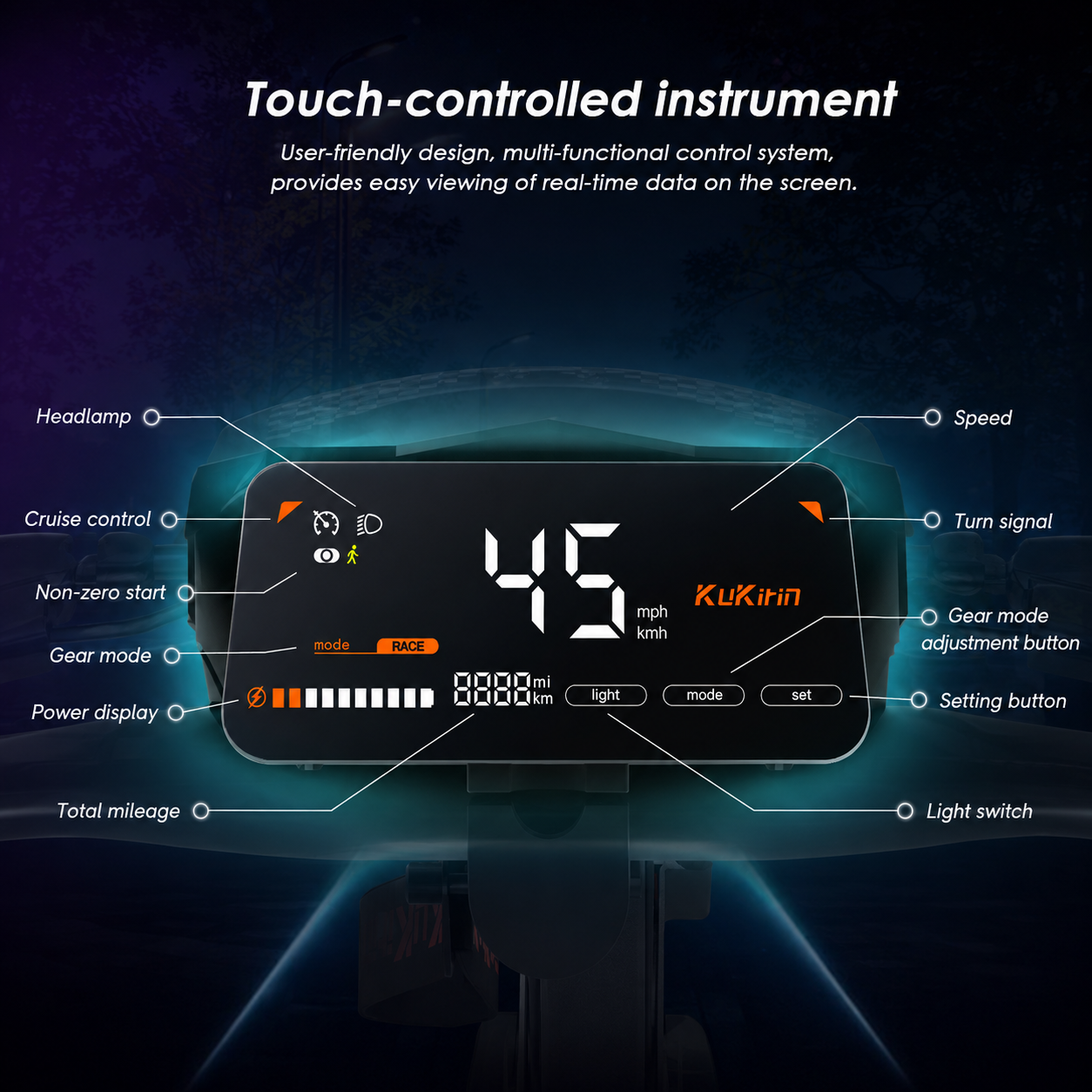 Display touch per monopattino elettrico con velocità digitale e pulsanti etichettati per varie funzioni.