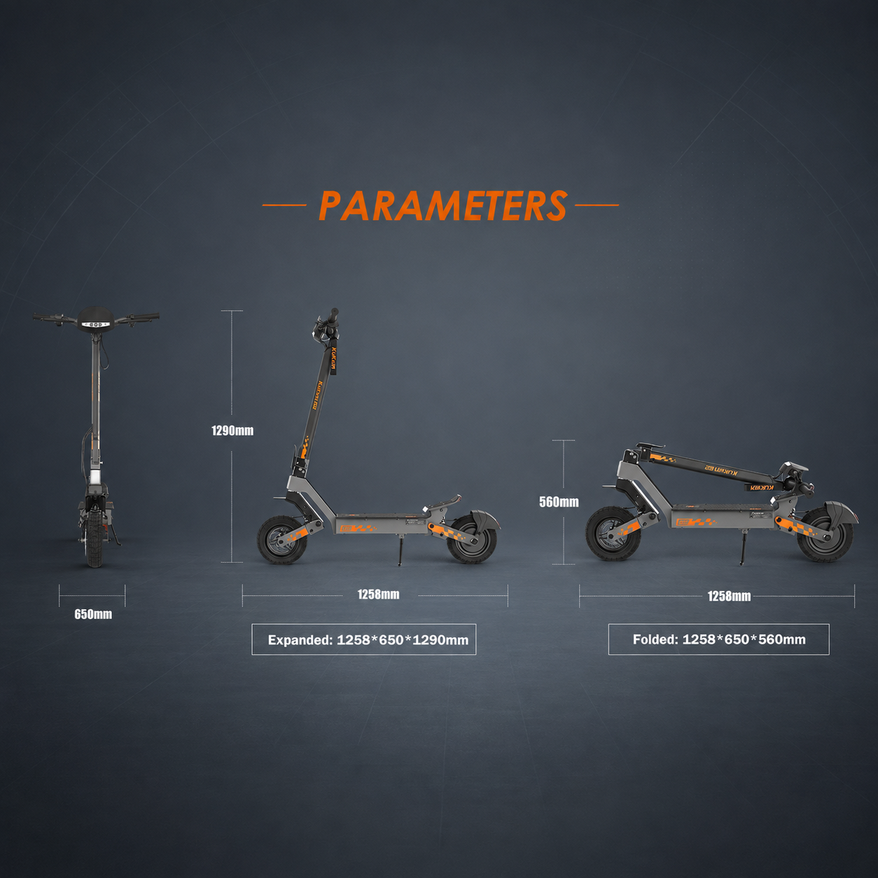 Parametri tecnici del monopattino elettrico, con dimensioni da aperto e chiuso su sfondo scuro.