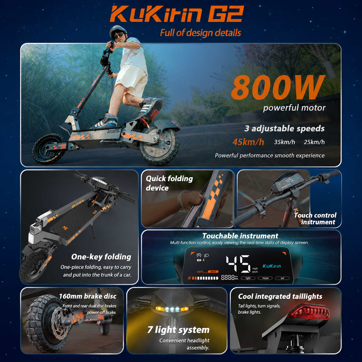 Una pubblicità per il monopattino elettrico KuKirin G2, con dettagli su motore, chiusura e funzioni.