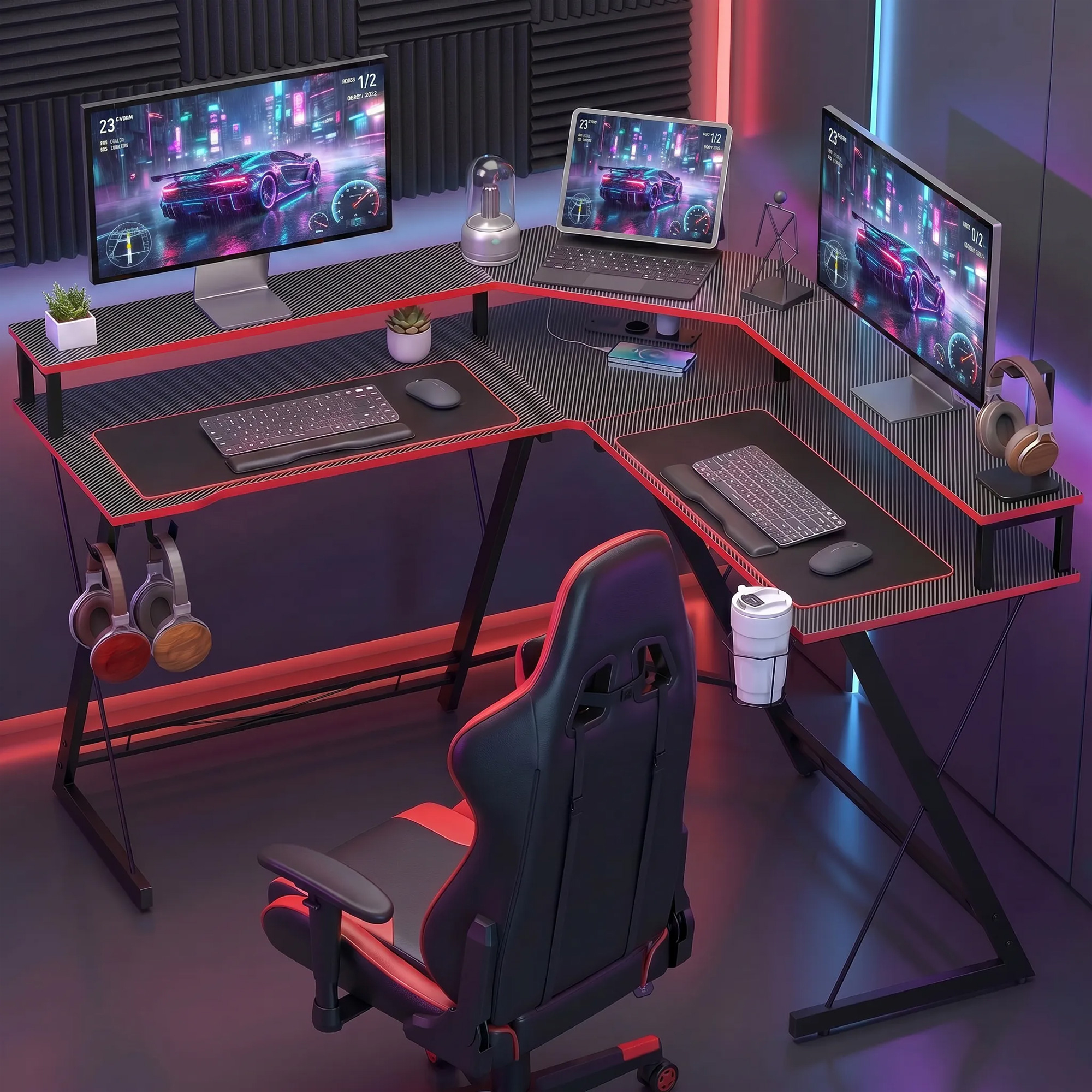 Postazione da gioco moderna con due monitor, tastiera, cuffie, sedia e luci colorate.